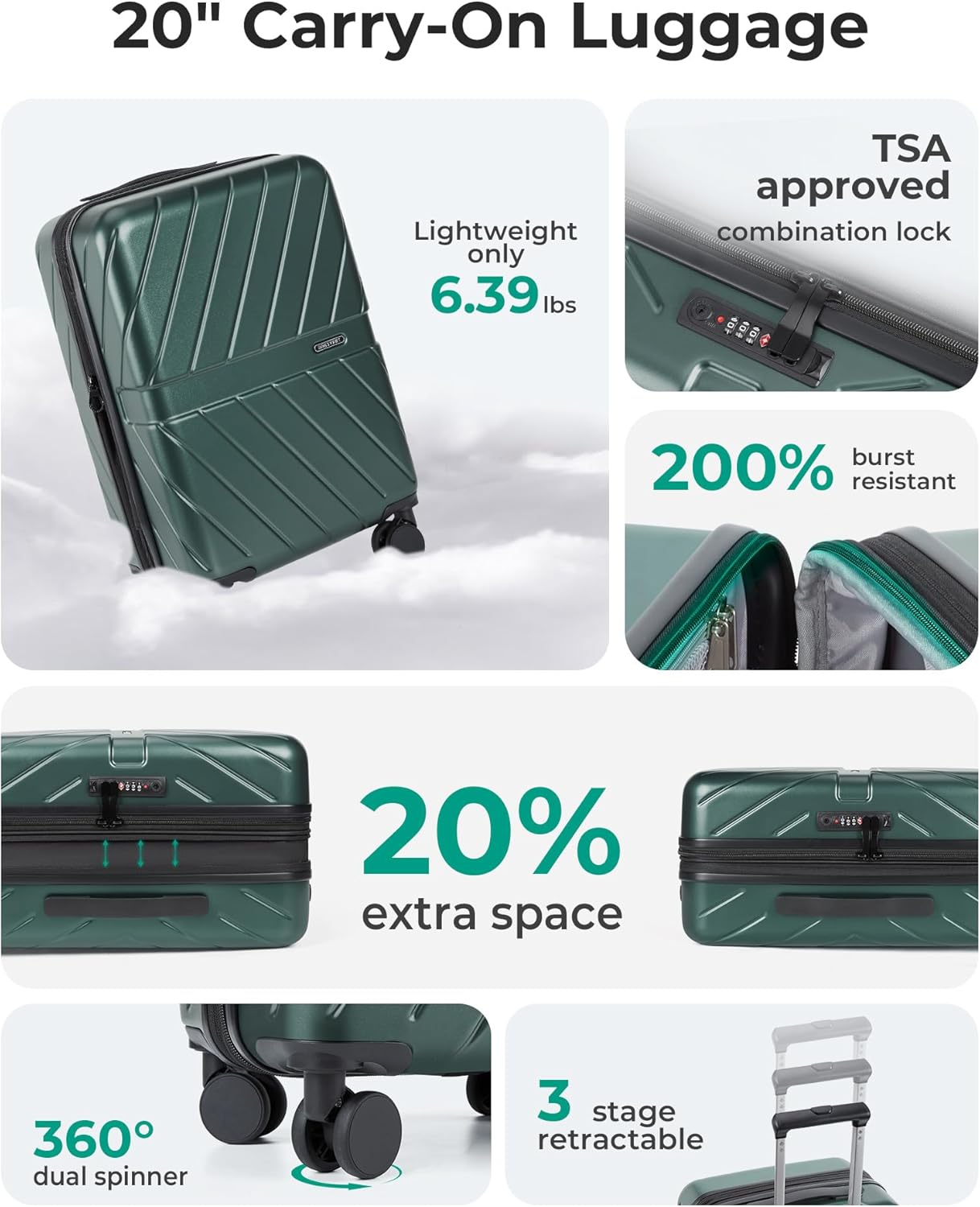BAGSMART Carry on Luggage 22x14x9 Airline Approved with TSA Lock, 100% Polycarbonate Hardside Suitcase with Spinner Wheels, Olive-Green