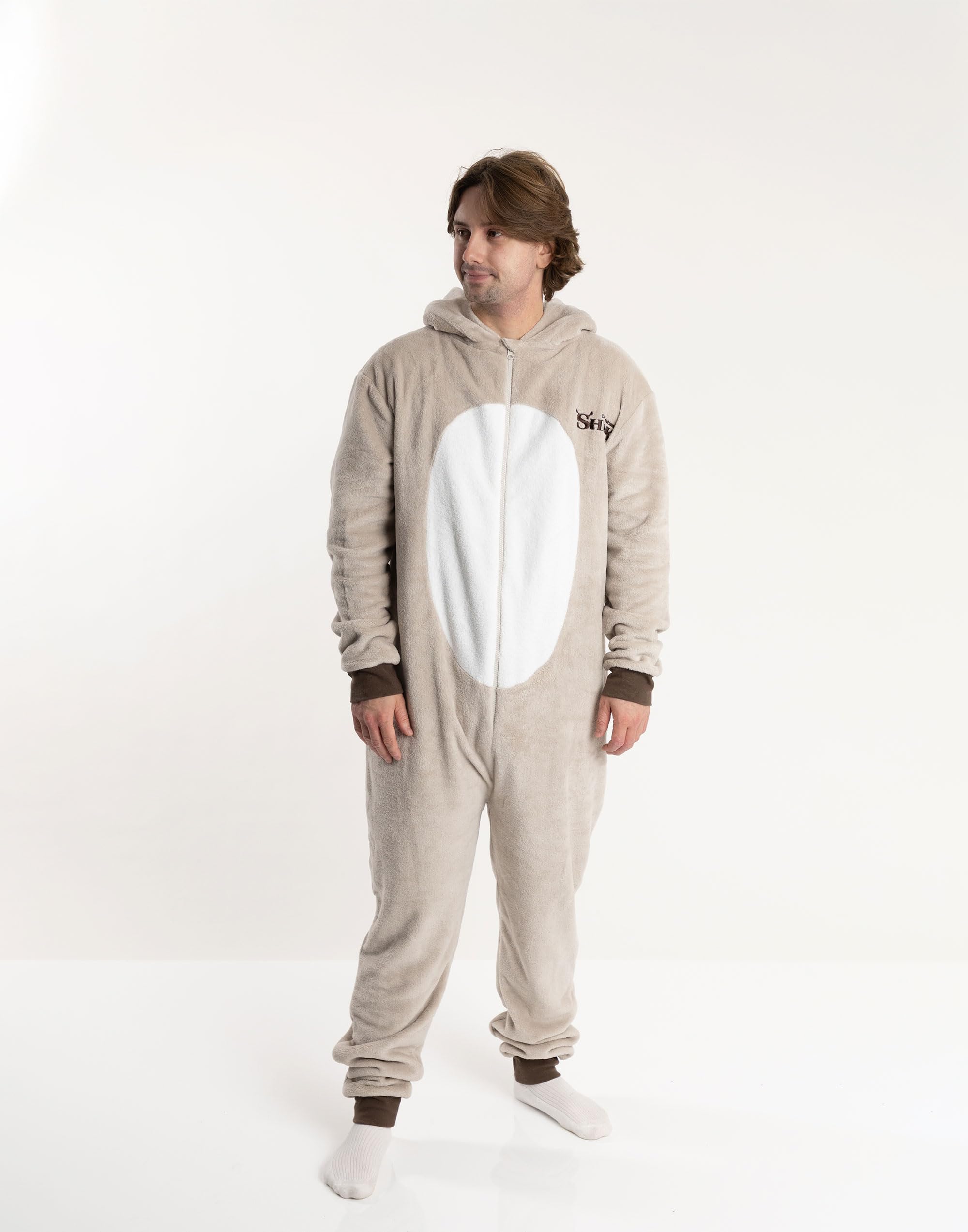 Shrek Mono Unisex Beige de Forro Polar con Estampado de Burro | Pijama con Capucha 3D y Cremallera | Ideal para Fiestas de Disfraces y Noches de Cine