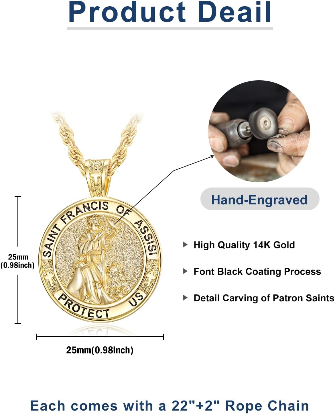 Patron Saint Medals, 14K Gold Protection Jewelry, Christmas Catholic Christian Religious Gifts for Men with 22"+2" Rope Chain - Image 2