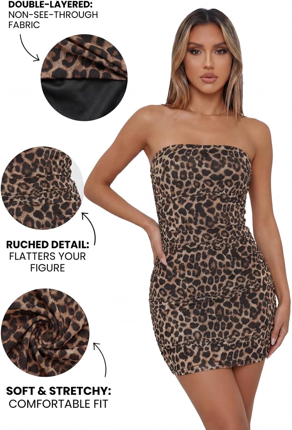 Women's Strapless Tube Top Bodycon Mini Dress, Sexy Ruched Printed Dresses for Club, Party and Night Out - Image 4