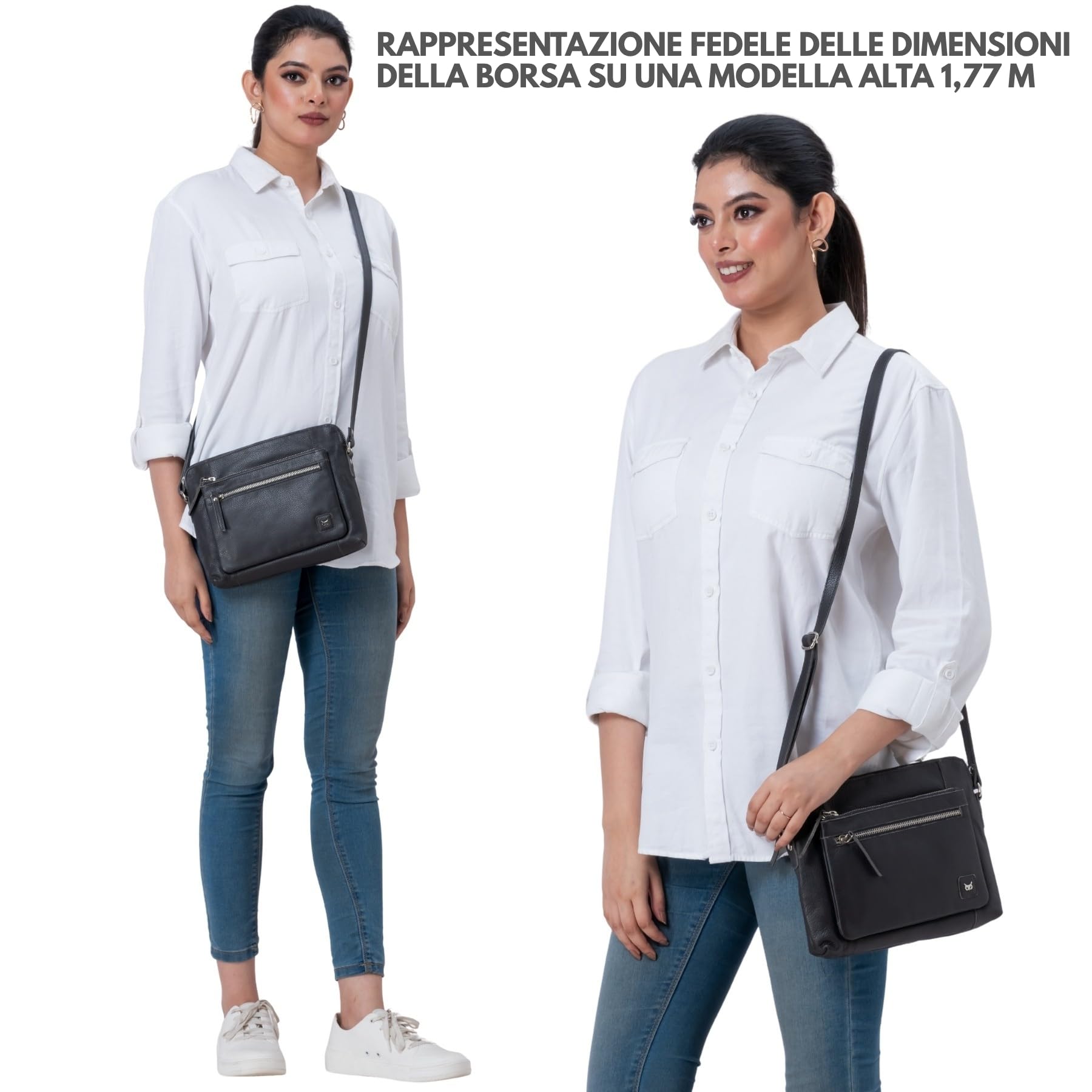 Wise Owl Accessories Borsa tracolla in vera pelle martellata, modello compatto unisex con tasche cerniera, ideale per viaggi, uso quotidiano e organizzazione