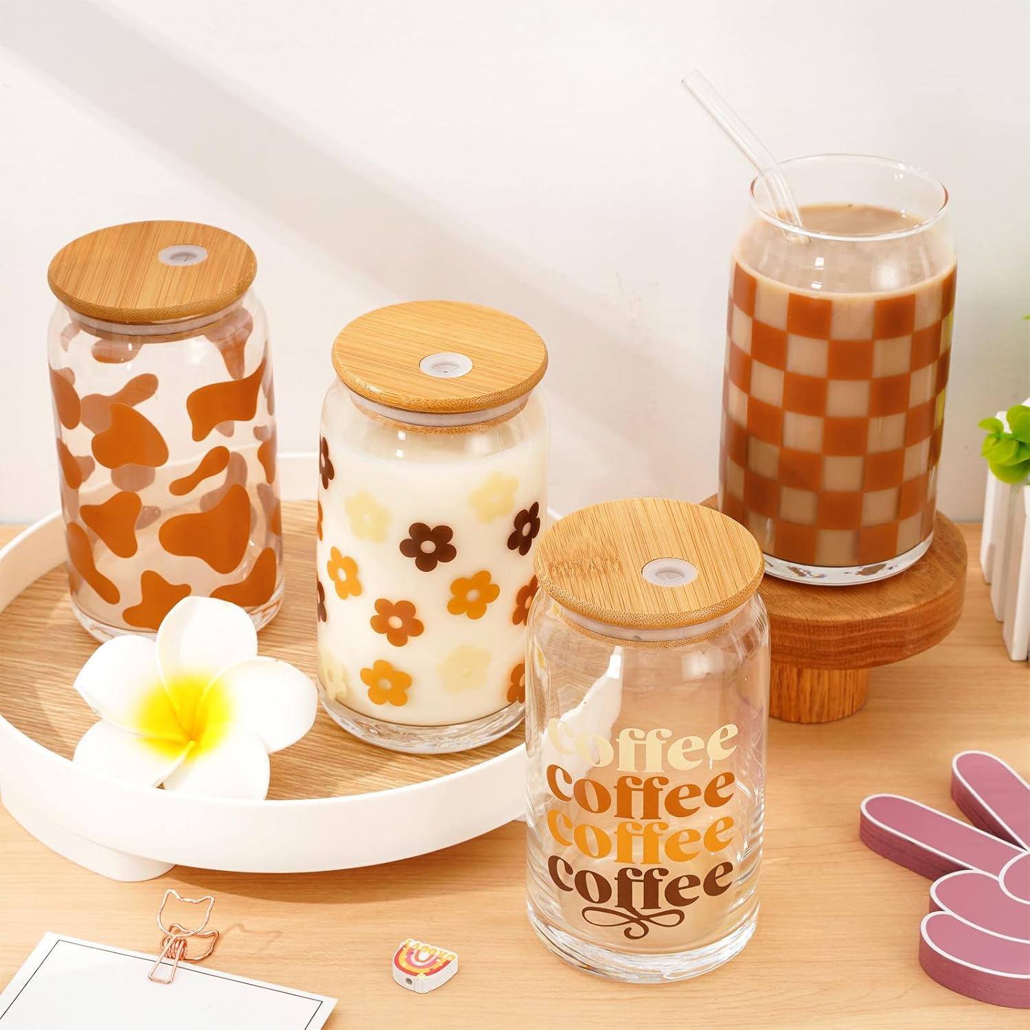 Whaline 4 Pack Boho Drinking Glasses 16oz Daisy Flower Checkered Cow Print Glasses Cup with Bamboo Lids Glass Straw Cleaning Brushes Boho Ice Coffee Cup for Cocktails Whiskey Beer Soda Gifts - Image 5