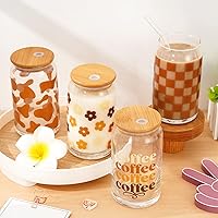 Vista 5 de Whaline Paquete de 4 vasos bohemios de 16 onzas con estampado de vaca, margaritas y flores a cuadros, con tapas de bambú, cepillos de limpieza