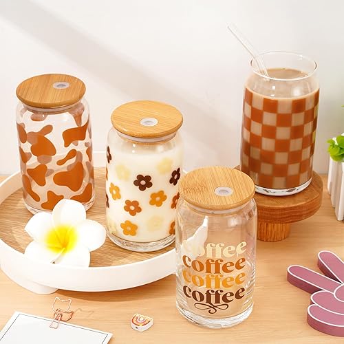 Miniatura 5 de Whaline Paquete de 4 vasos bohemios de 16 onzas con estampado de vaca, margaritas y flores a cuadros, con tapas de bambú, cepillos de limpieza para