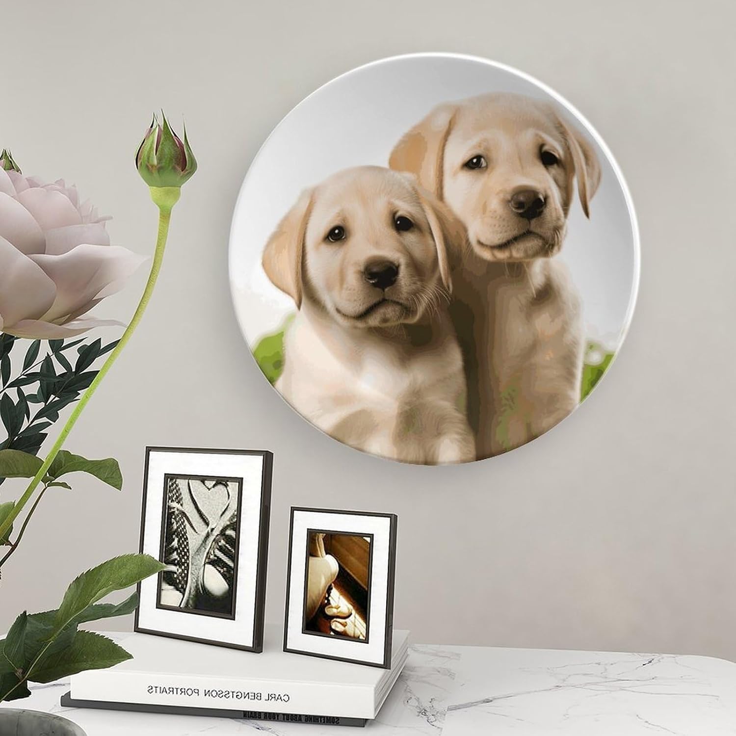 Funny Labrador Puppy Dog Bone China Decorative Plate with Display Stand, Ceramic Ornaments Plate for Wall Hanging, Personalized Porcelain Plates for Office, Living Room 8inch