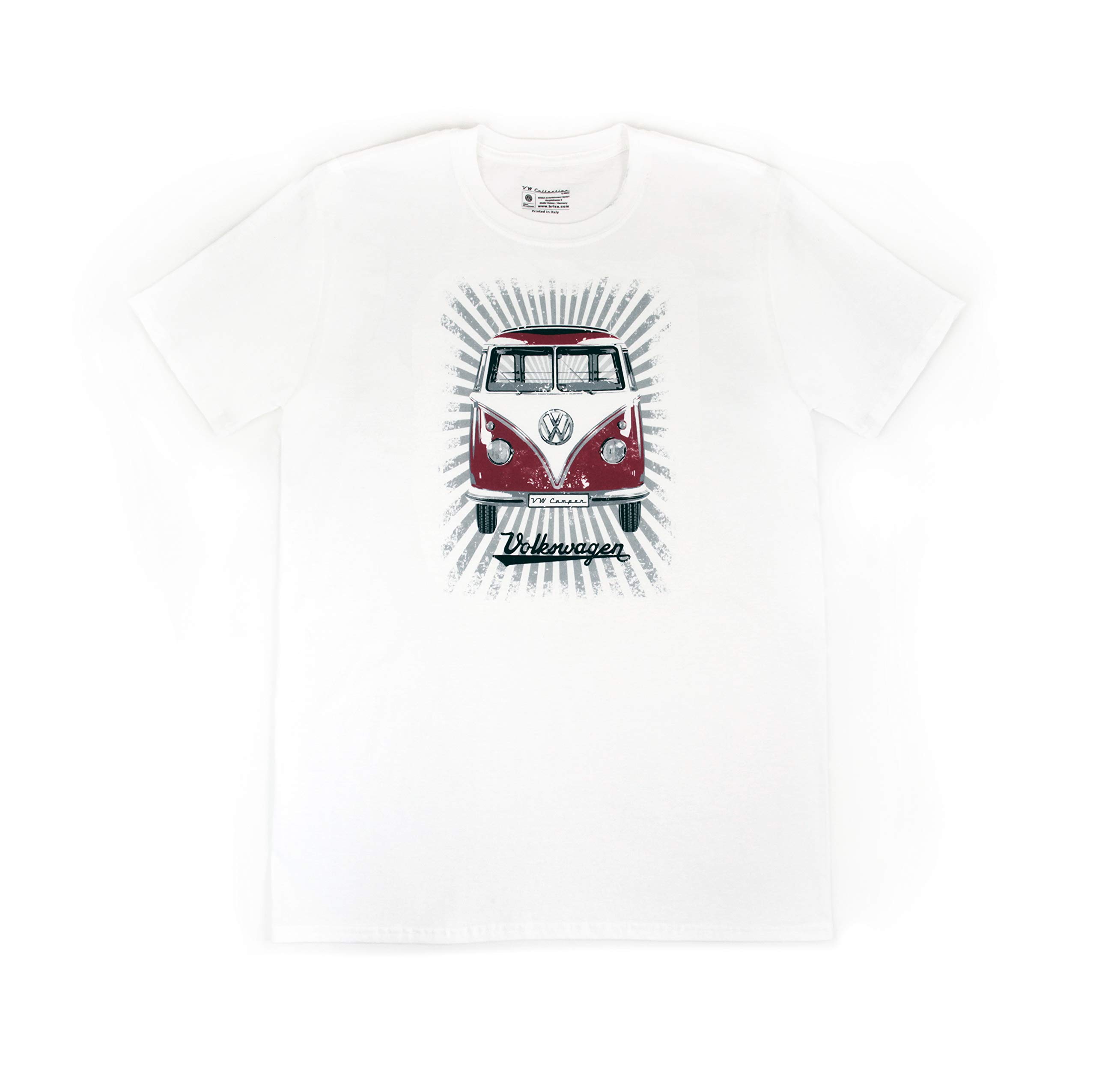 BRISA VW Collection - Volkswagen Unisex Short Sleeve T-Shirt with T1 Bus Campervan Motif in Cotton (Samba Stripes/Red & White/Size L)