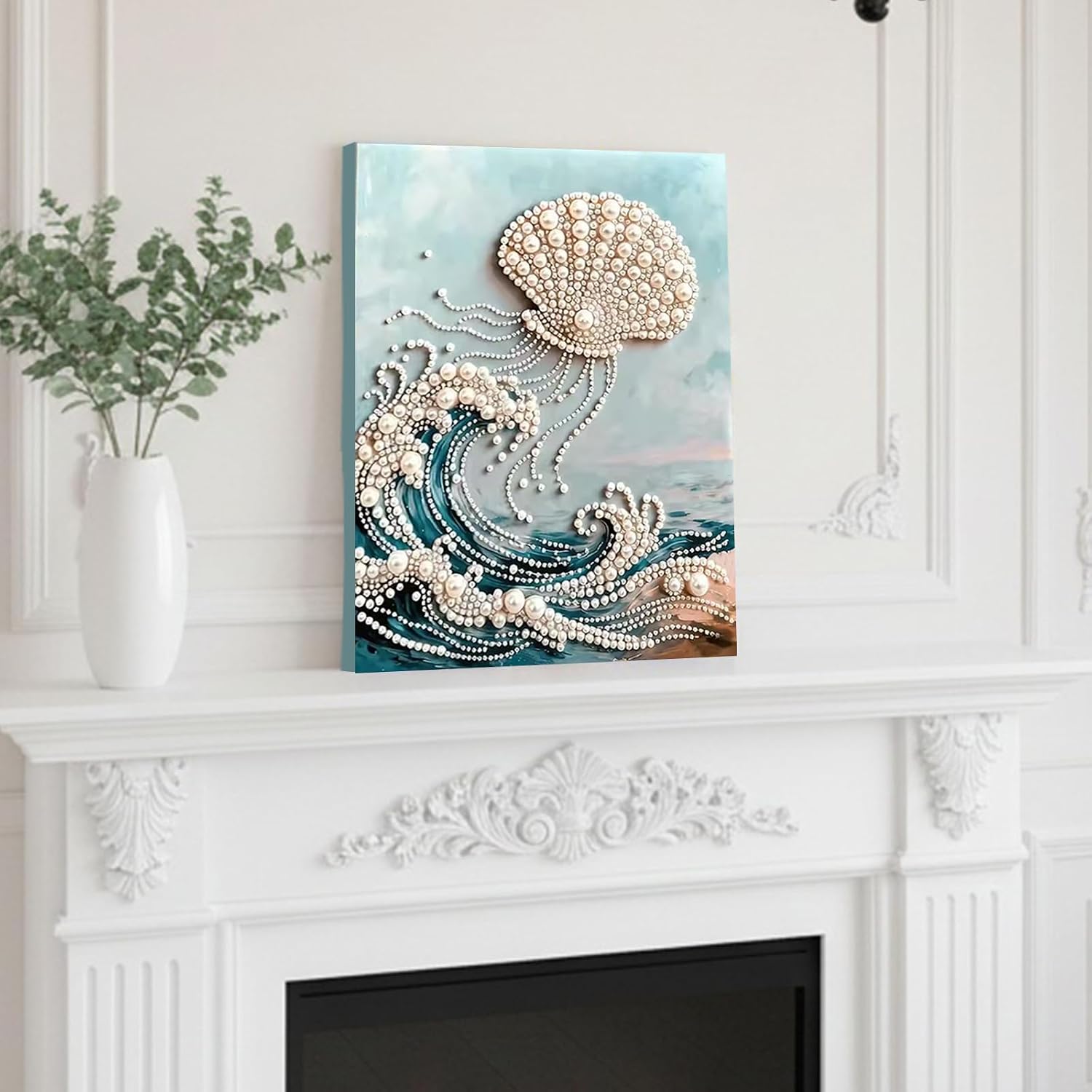 DIY Diamond Pearl Painting Kit for Adults, 3D Pearl Painting Craft with Wooden Frame 40x50cm, Beginner Friendly Home Wall Decor Art, Gift for Women Men Housewarming (Waves Shell)