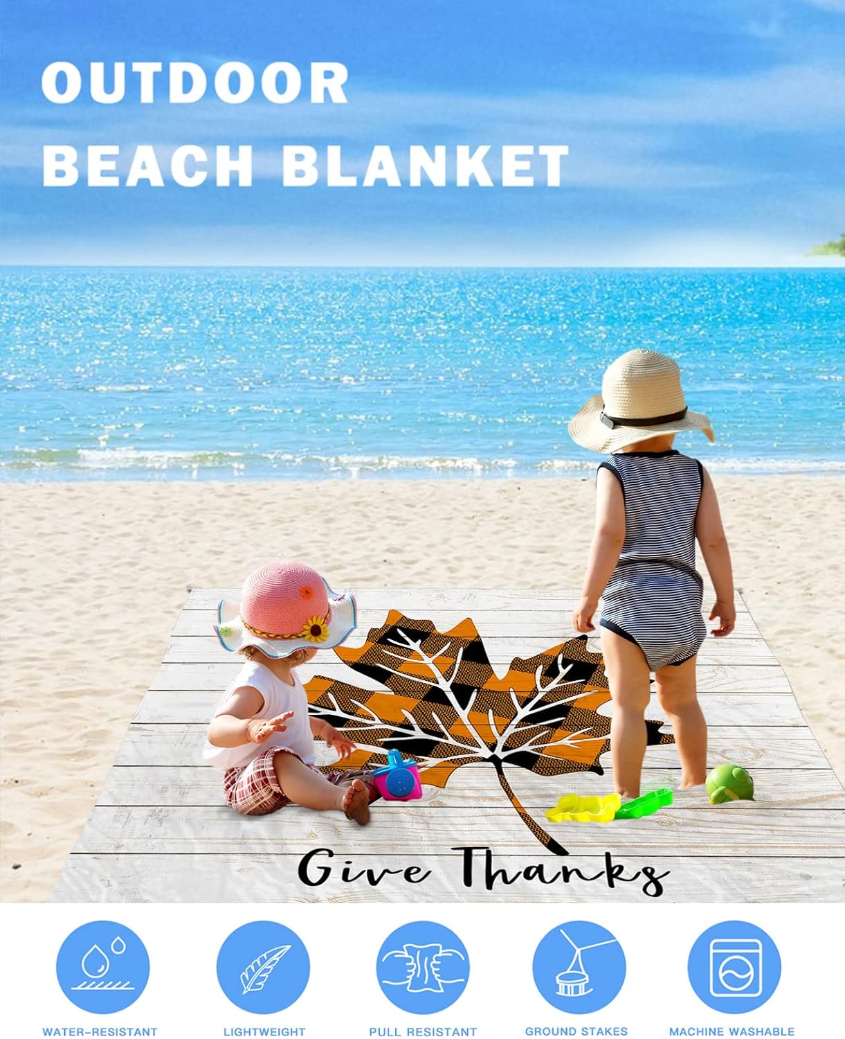 Thanksgiving Gingham Plaid Maple Leaf Beach Blanket Waterproof Sandproof Outdoor Picnic Mat 95"x80" Farm Wooden Plank Lightweight Large Beaach Blankets with 4 Stake & 4 Corner Pockets