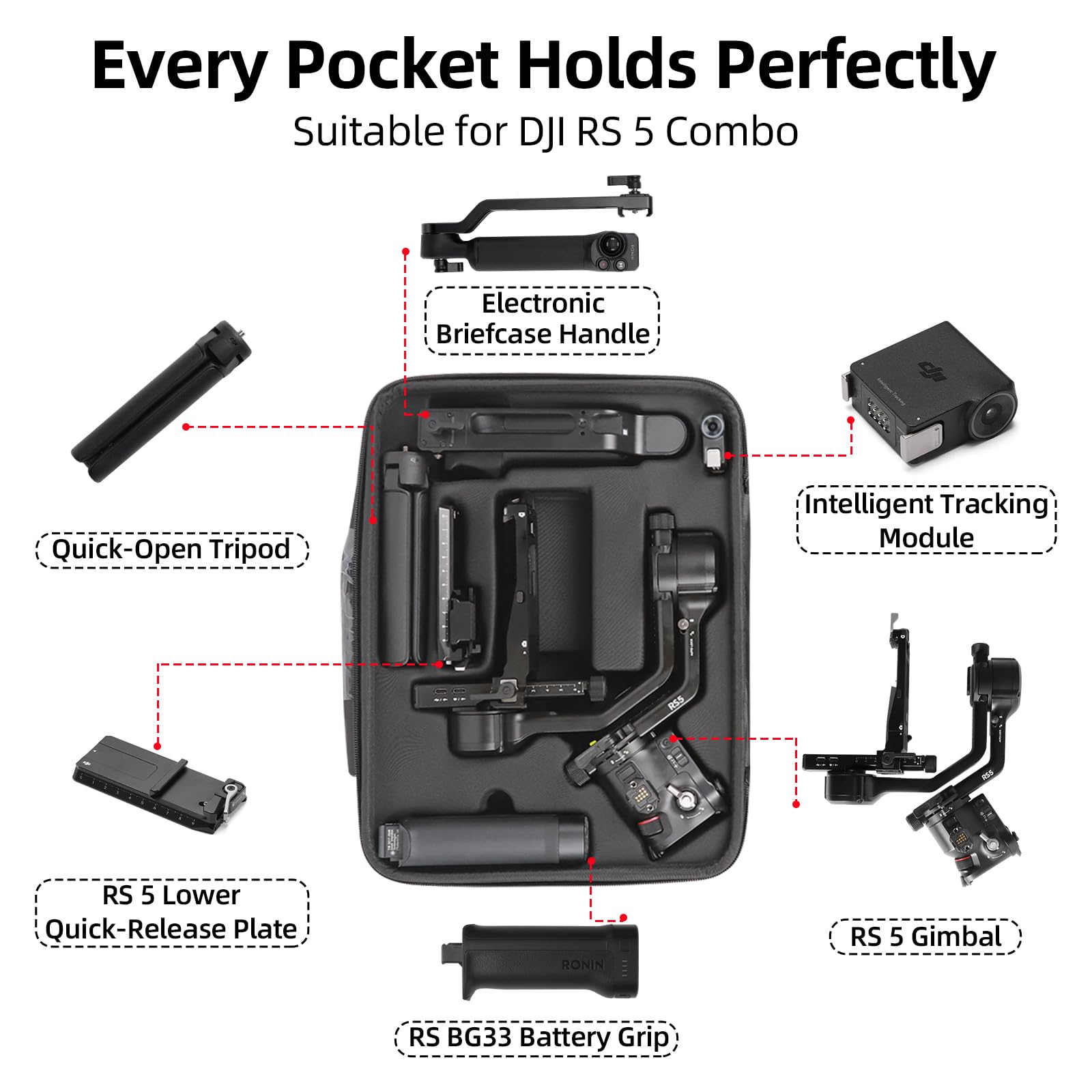 Custodia per DJI RS 5, Custodia portatile impermeabile per DJI RS 5 Combo con cintura per la spalla（Nero）