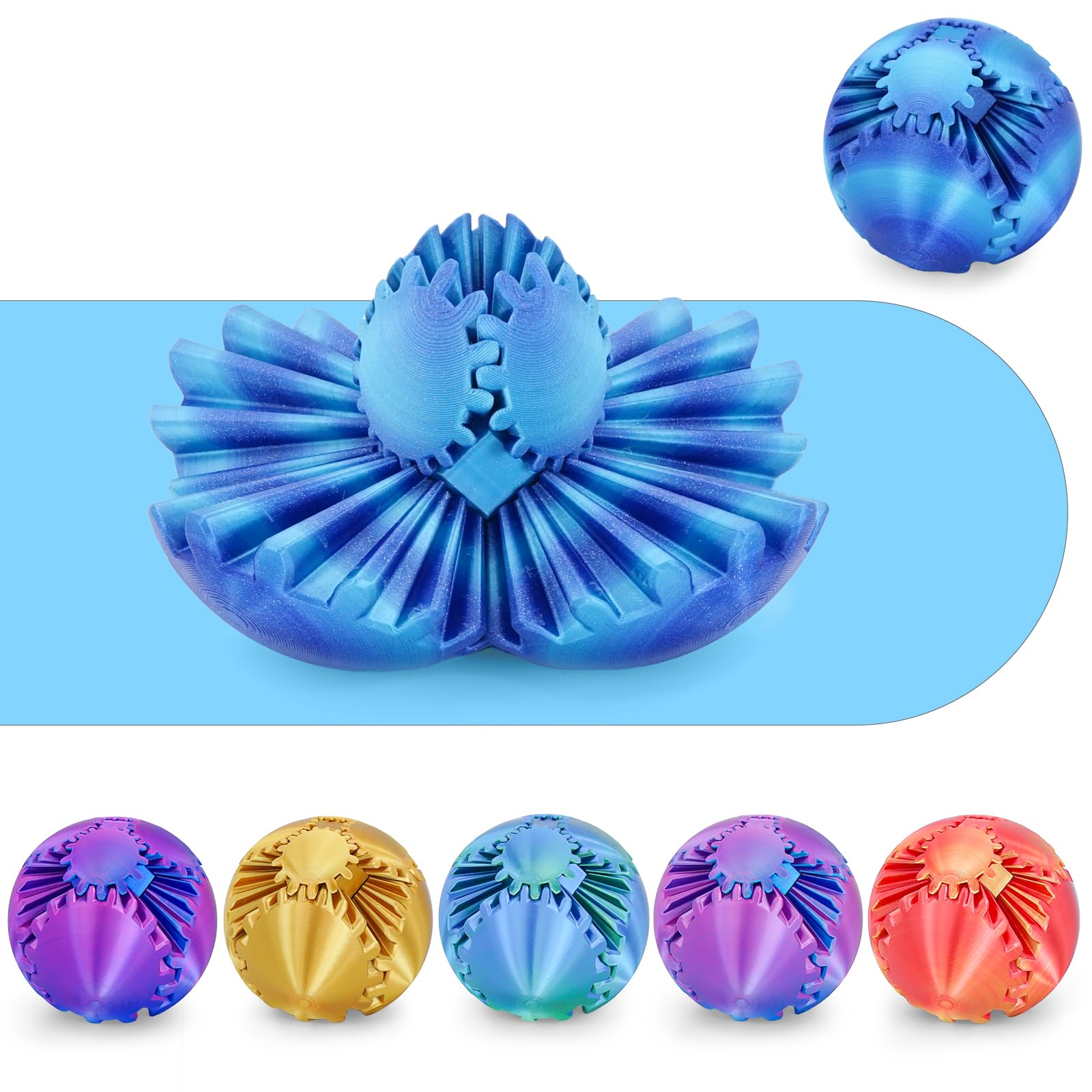 Gear Ball 3D Printed Cube Fidget Toy,Gear Sphere Fidget Toys,Sensory Toys for Stress and Anxiety Relief, Desk Toy Fidget Spinners,Stocking Stuffers for Adults &amp; Kids Gift (Aurora Blue, 2.3 Inch)