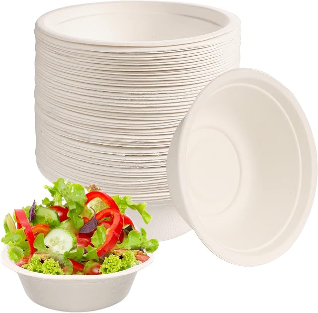  50 Pack Disposable Paper Bowls Sugarcane Bowls Strong Bagasse Bowls Eco-Friendly Biodegradable and Compostable Bowls for Parties 12 Ounces 350ml White