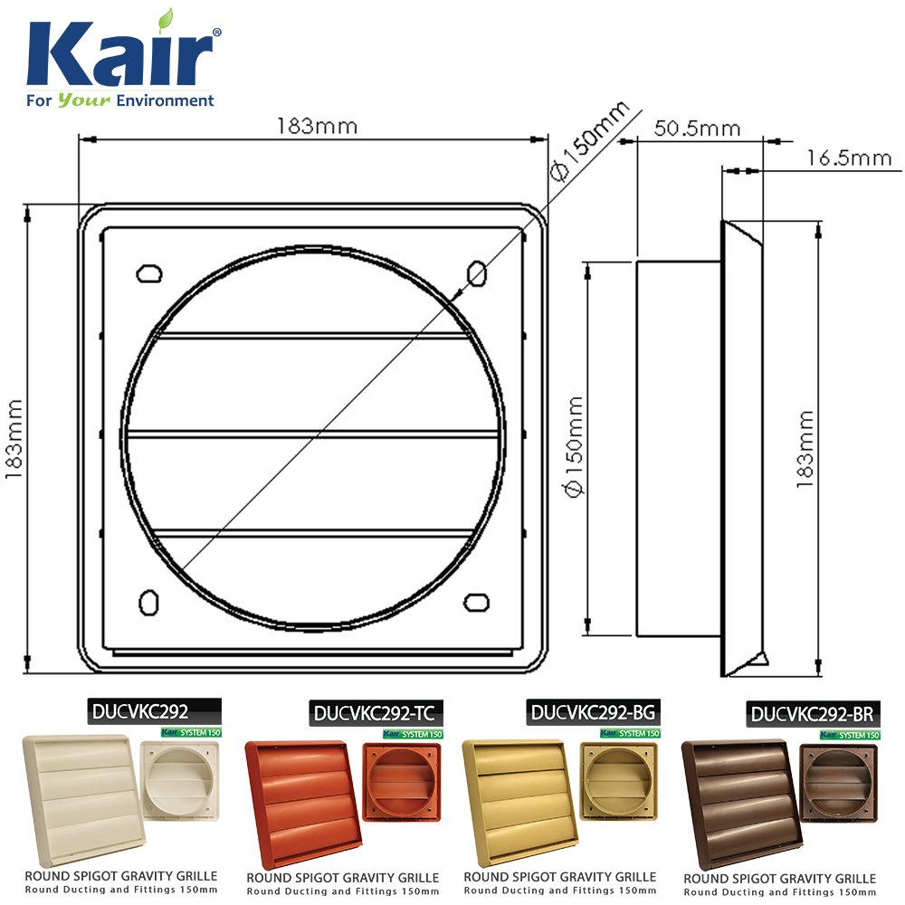 Kair Brown Gravity Grille 183mm External Dimension with 150mm - 6 inch  Round Rear Spigot and Not-Return Shutters - Ducting Air Vent :  Amazon.co.uk: DIY u0026 Tools