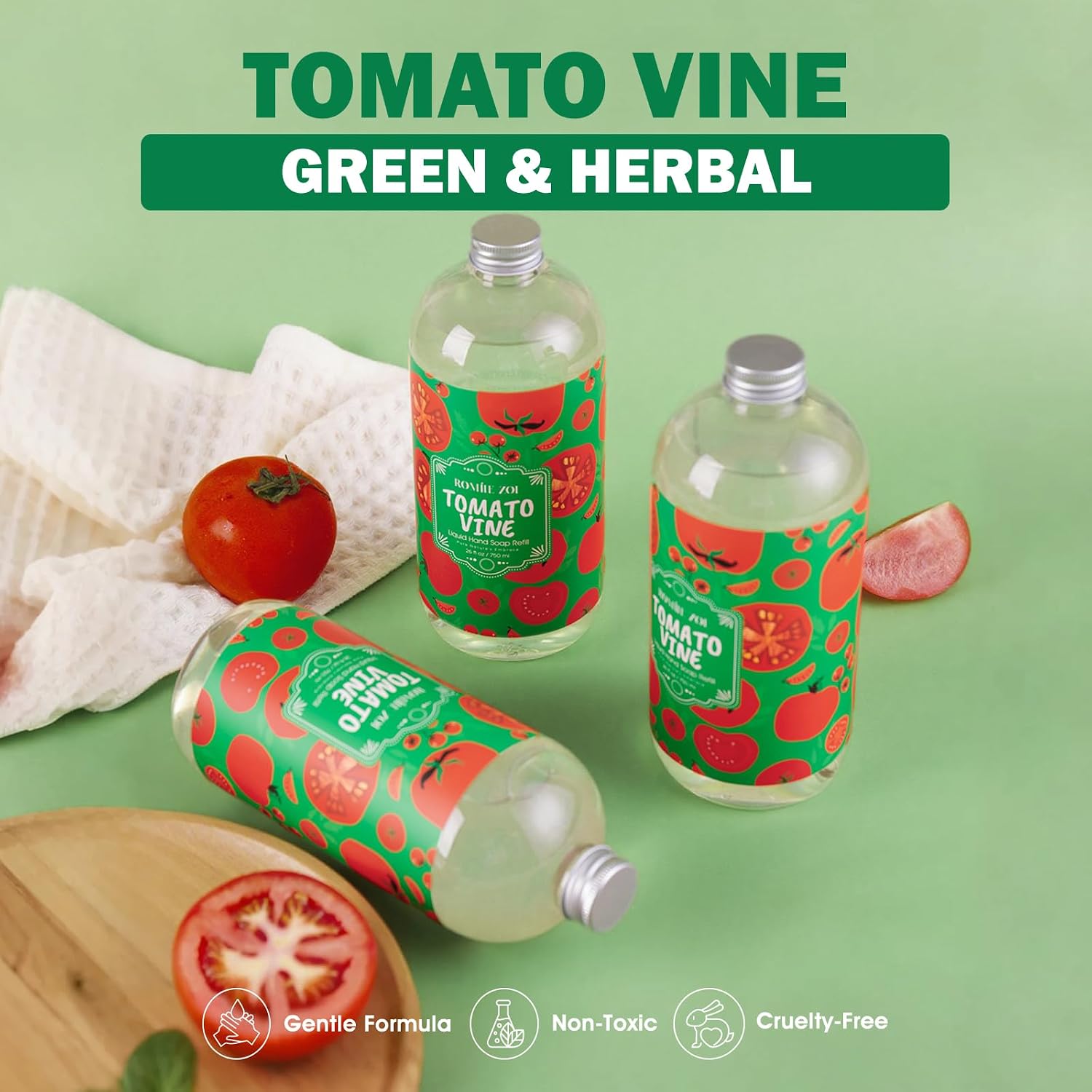 ROMIIE ZOI Liquid Hand Soap Refills Gift Set, Tomato Vine Scent 3 x 26 Fl Oz Bottles, Plant-Based, Cruelty-Free, Gentle & Moisturizing Formula with Essential Oils for Bathroom & Kitchen Use