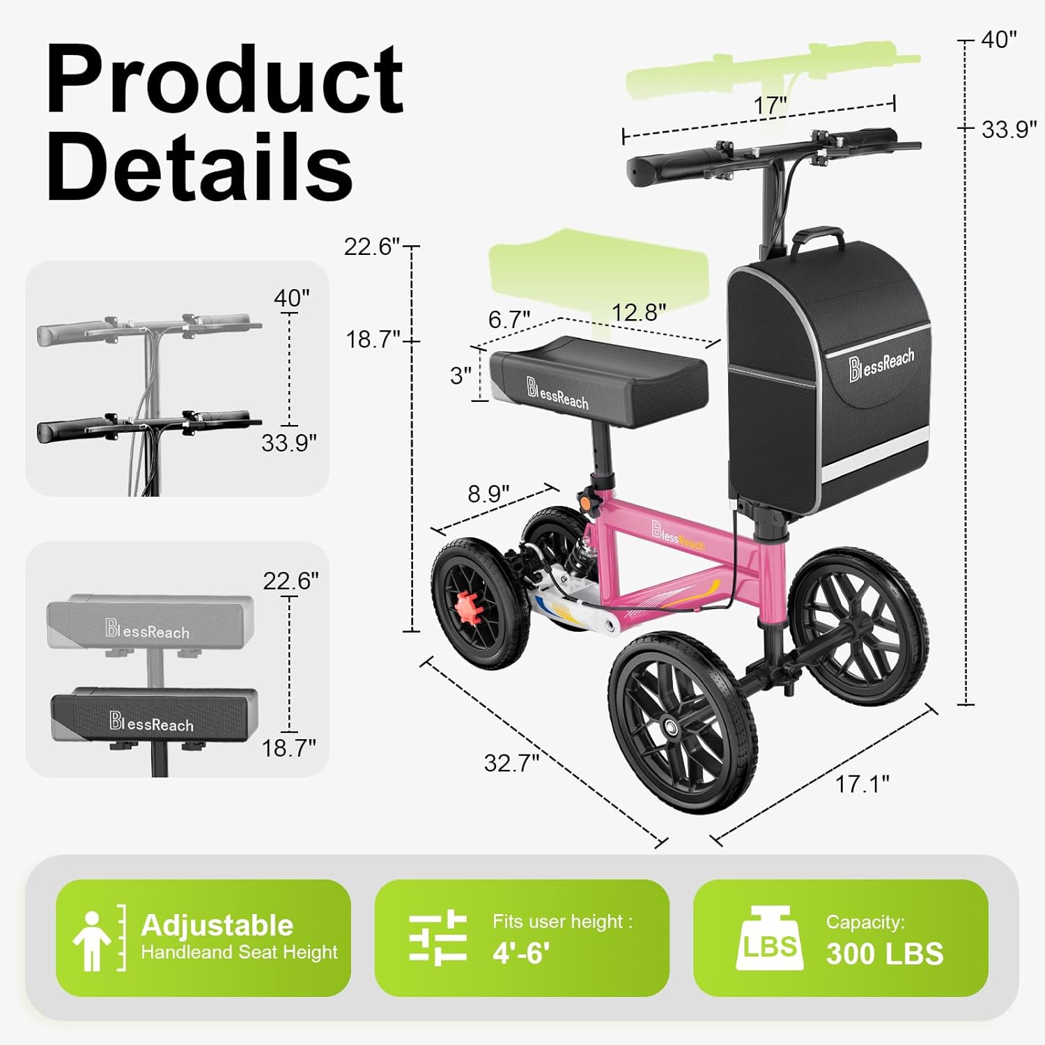 Economy Steerable Knee Walker - Compact Crutch Alternative for Foot Injuries with Dual Braking System (Pink)