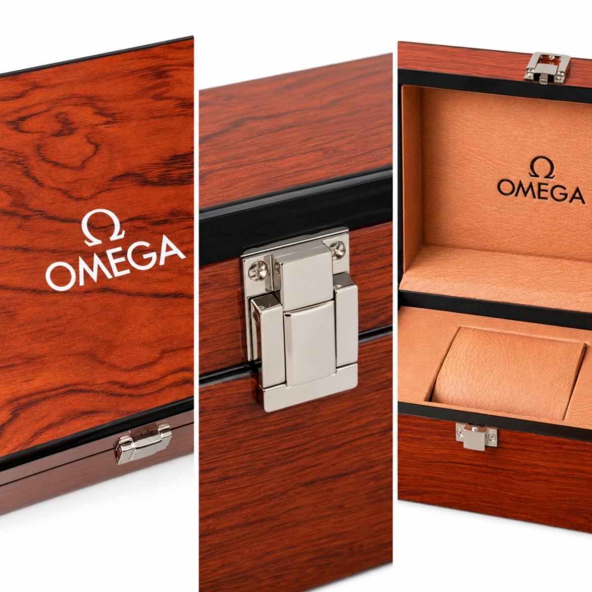 Custodia Orologio da Polso Singolo Marrone Scatola Contenitore Orologi in Legno Cuoio Cuscino Chiusura Metallica Supporto Espositivo per OMEGA Seamaster