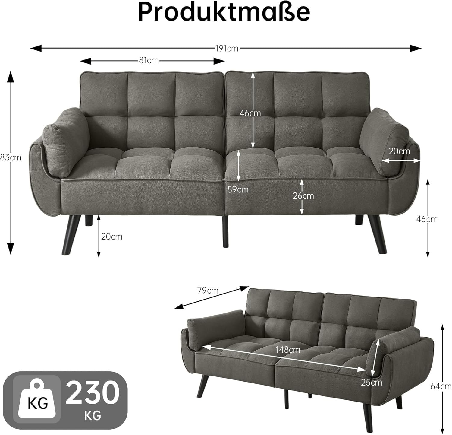 JIEXI sofá 3 plazas, Respaldo no Plegable, sofá de Lino, 191 x 83 cm, sofá Moderno con Patas de Madera Maciza, cómodo, Adecuado para salón y Dormitorio (Gris Oscuro)