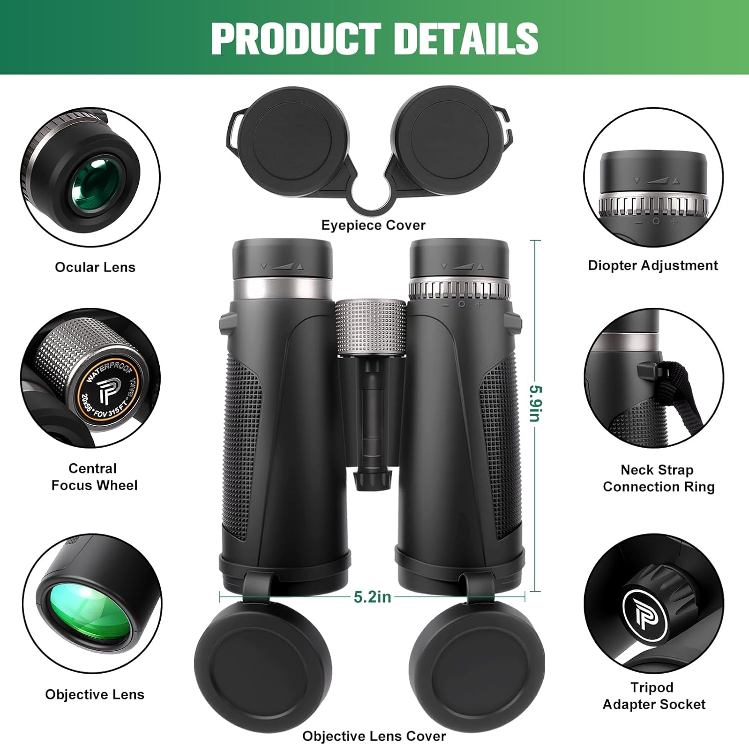 Pankoo 20x56 Binoculars for Adults High Powered - Large View Waterproof Binoculars with Clear Low Light Vision - Compact Binocular Essentials for Hunting Camping Cruise Travel Bird Watching Sports