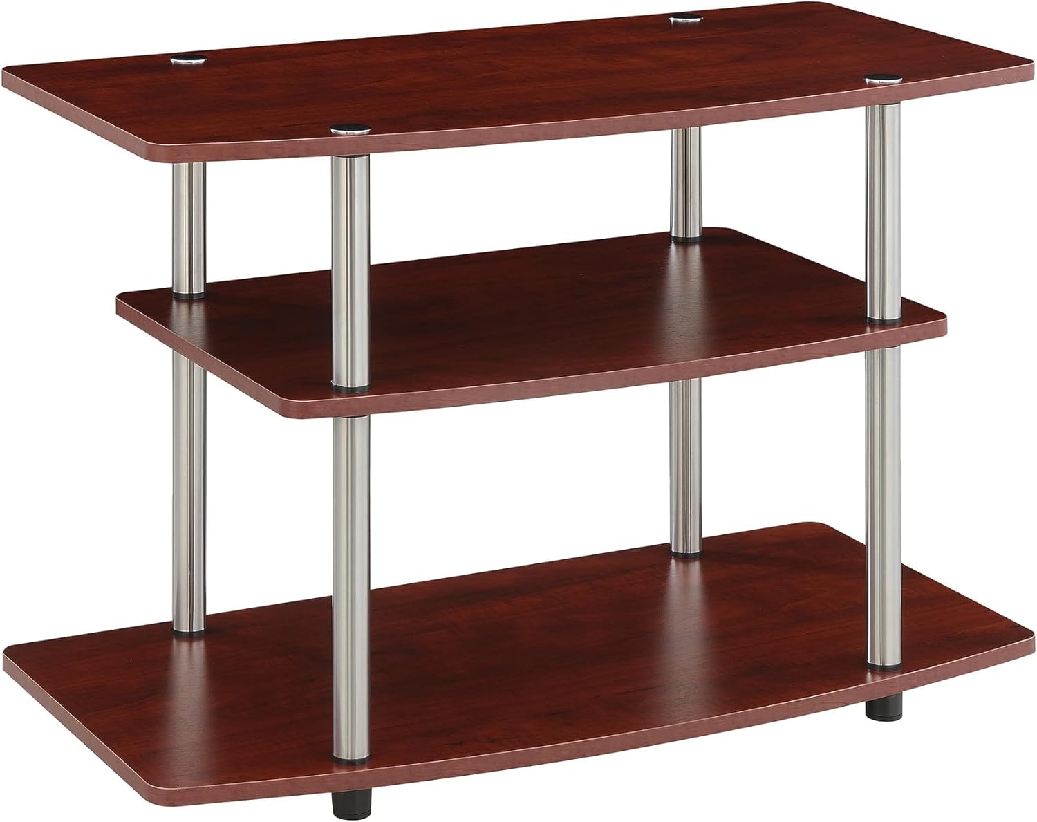 Pemberly Row Easy Assembly No Tools Required 32" TV Stand Entertainment Console with 3 Tier Storage Shelves in Cherry and Stainless Steel Clad Finish