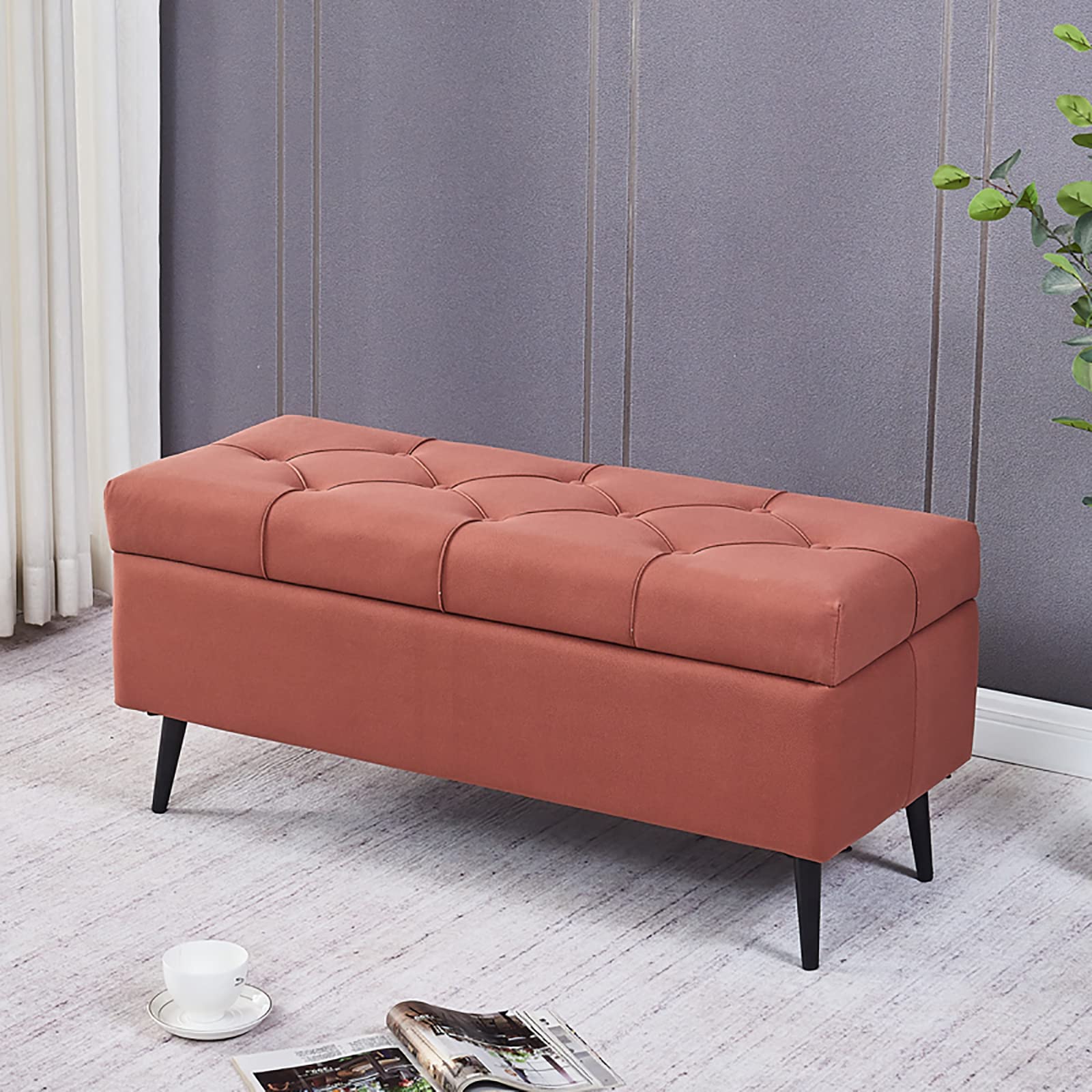 Banc ottoman de rangement orange 60 cm en tissu capitonné coffre bout de lit