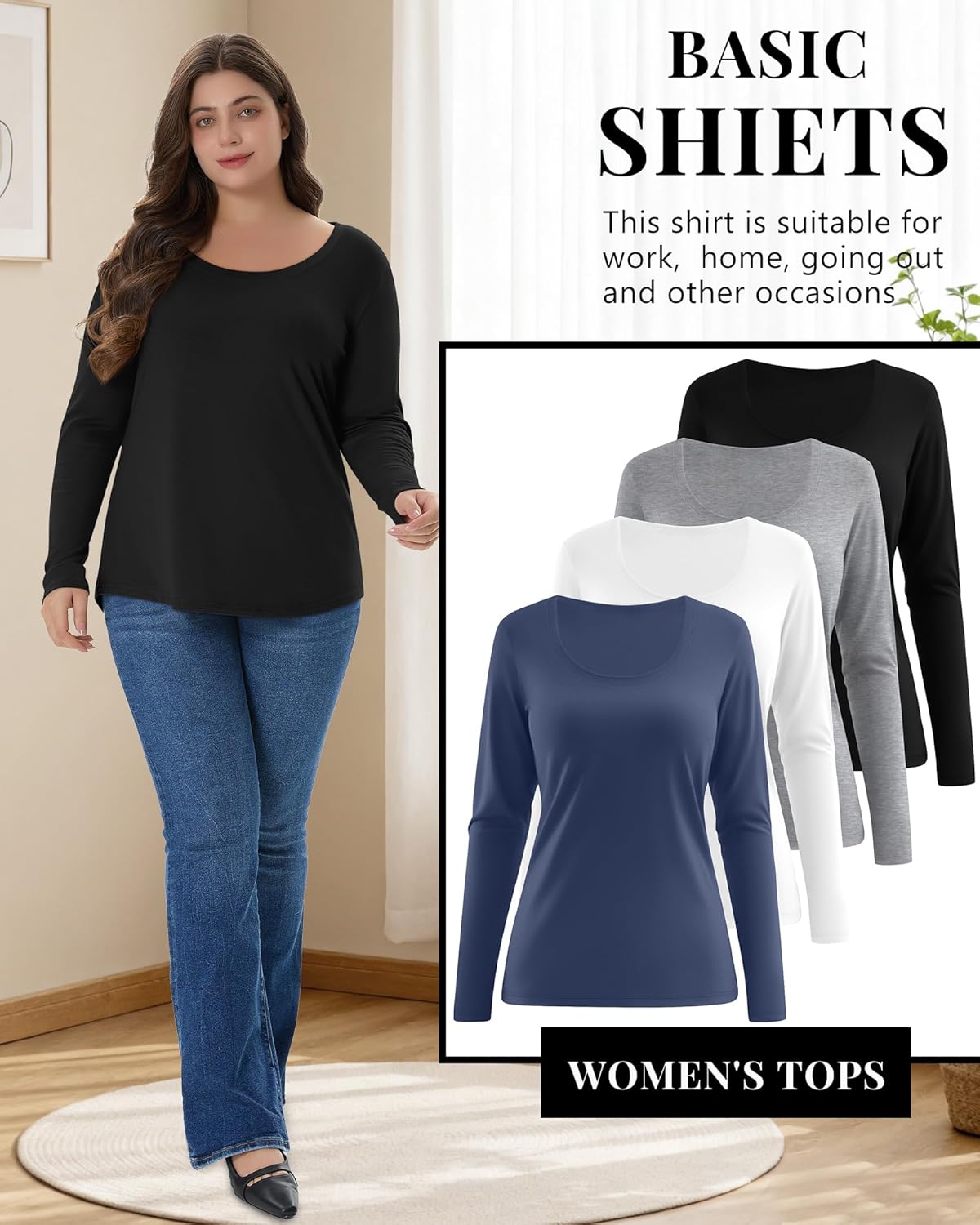 4 Pack Women's Plus Size Shirts, Casual Long Sleeve Tees Scoop Neck Basic Tops Loose Fit Layering Solid Blouses - Image 6