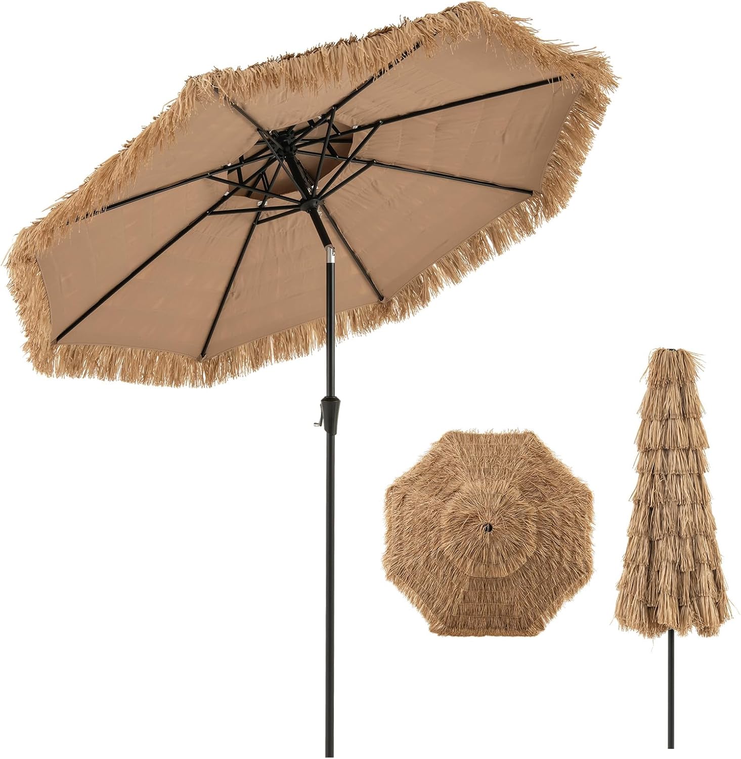 HAPPYGRILL 8.8 FT Thatched Tiki Umbrella Hawaiian Style Umbrella with 8 Ribs, Sun-proof Fabric & Artificial Straw, Manual Crank, 35° Tilt, Portable Patio Umbrella for Beach, Backyard, Poolside