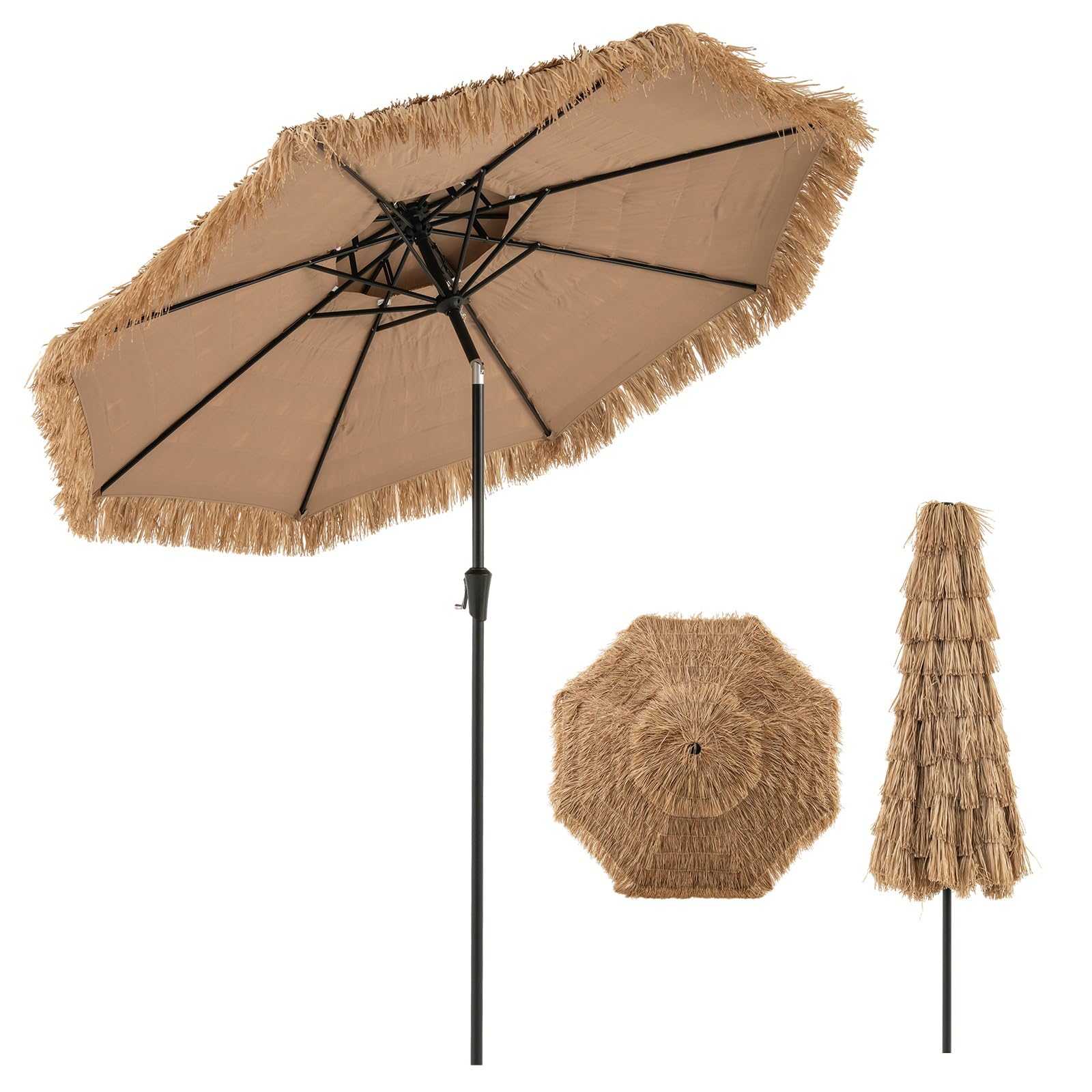 FANTASK Parasol przeciwsłoneczny Hawaii z 2-stopniową regulacją wysokości, doskonałe zacienienie UV, słomiany parasol z podwójnym dachem, odchylany parasol ogrodowy, brązowy, 270CM, Tropikalny