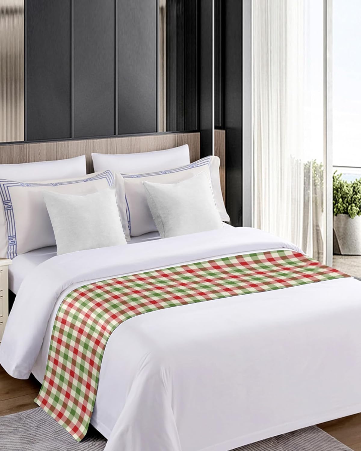 Teamery Bed Runners & Scarves, Christmas Lattice Vintage Farm Red Green Plaid Bed Runner, Bed Scarf Protector Decorative Accent Bedding Scarf for Hotels Homes and Guestrooms, 102 x 20 inches
