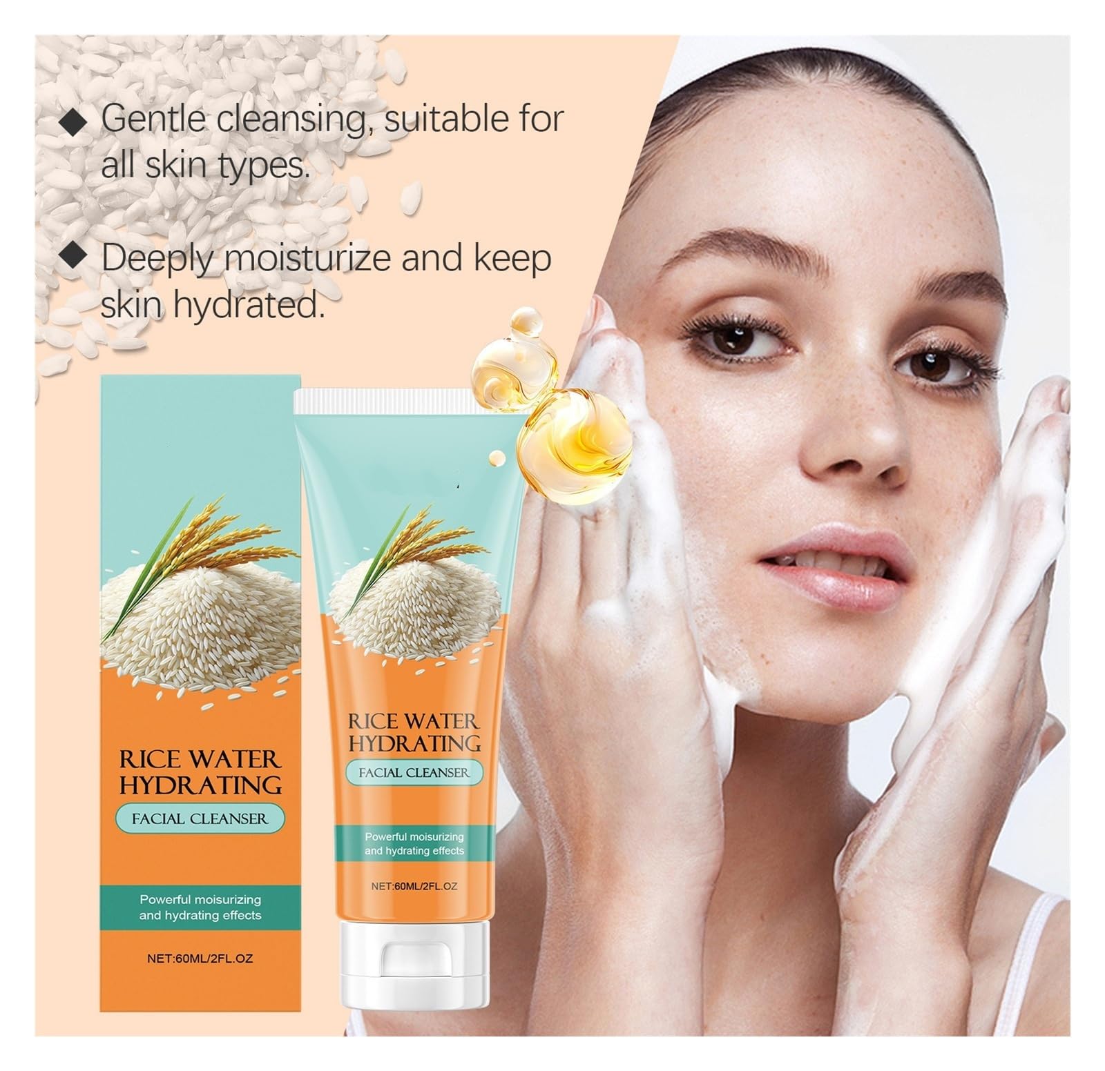 Limpiador facial de arroz de 60 ml, limpia suavemente el rostro, hidrata y calma(2pcs)