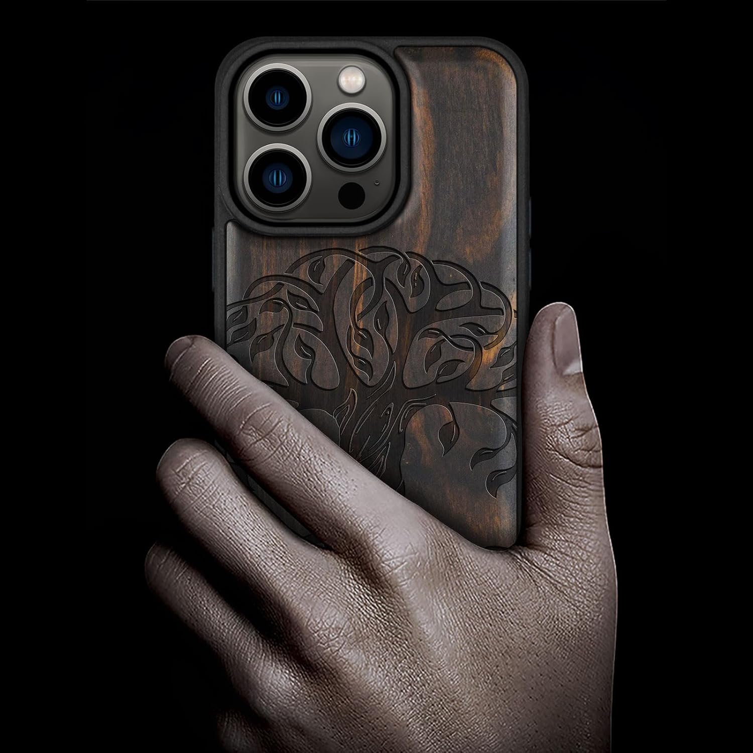 Carveit Magnetic Wooden Case for iPhone 15 Pro Case, Compatible with MagSafe Wireless Chargers, Black Soft TPU Shockproof Cover & Wood Artisan Engraved (Celtic Tree of Life) - Blackwood