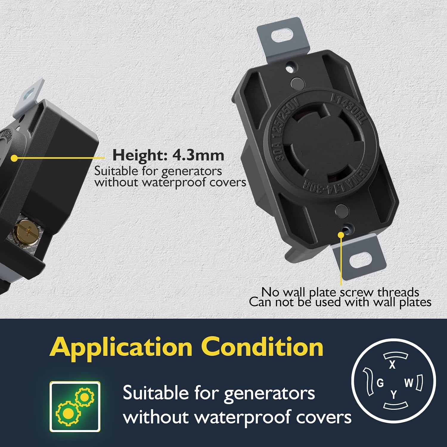 1 Pack NEMA L14‑30R Flush Mounting Locking Receptacle— 30 Amp Twist Lock L14‑30 Outlet , 3-Pole 4-Wire 125/250V L14‑30R Plug Compatible, Industrial L14 30R Receptacle, UL Listed E309821