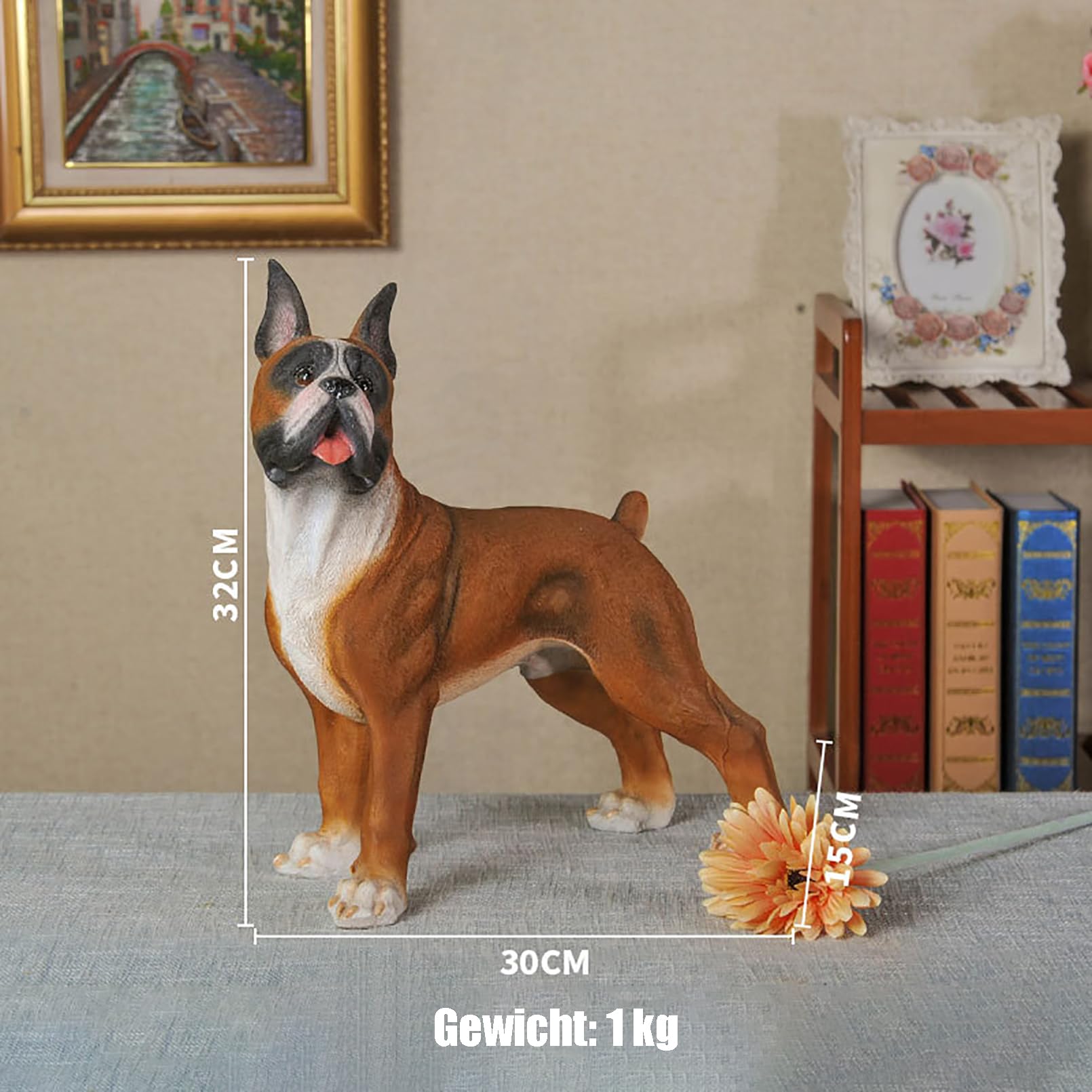 Gartenfiguren für draußen wetterfest Boxer Hund Statue Harz Gartenskulptur Heim Gartendeko für draußen,Hoher Simulationsgrad,Geschenke für Gartenliebhaber,Gelb,30x32x15cm