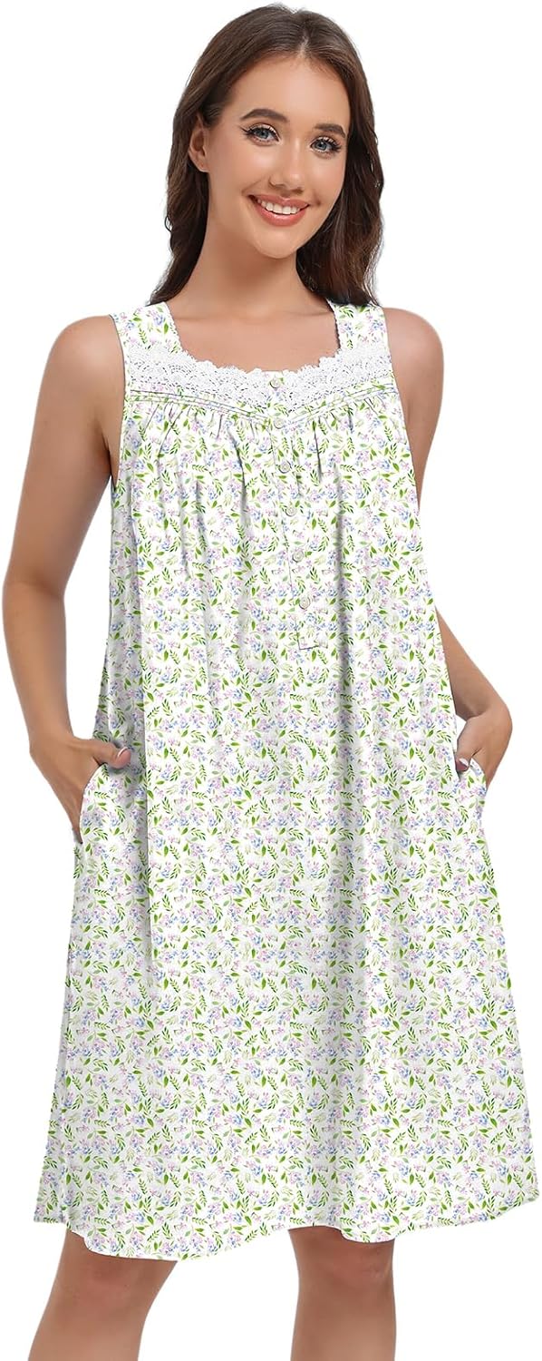 FMIRREO Cotton Nightgowns for Women Sleeveless Sleep Dress with Pockets - Image 2