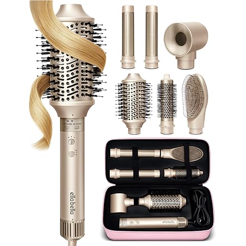 ELLA BELLA® 6 in 1 Professional Hot Air Styler • Powerful Hair Dryer & Straightener Set • Styling Without Heat Damage • Fast Drying Curling Volumizing Straightening • Includes Protective Travel Case - Champagne