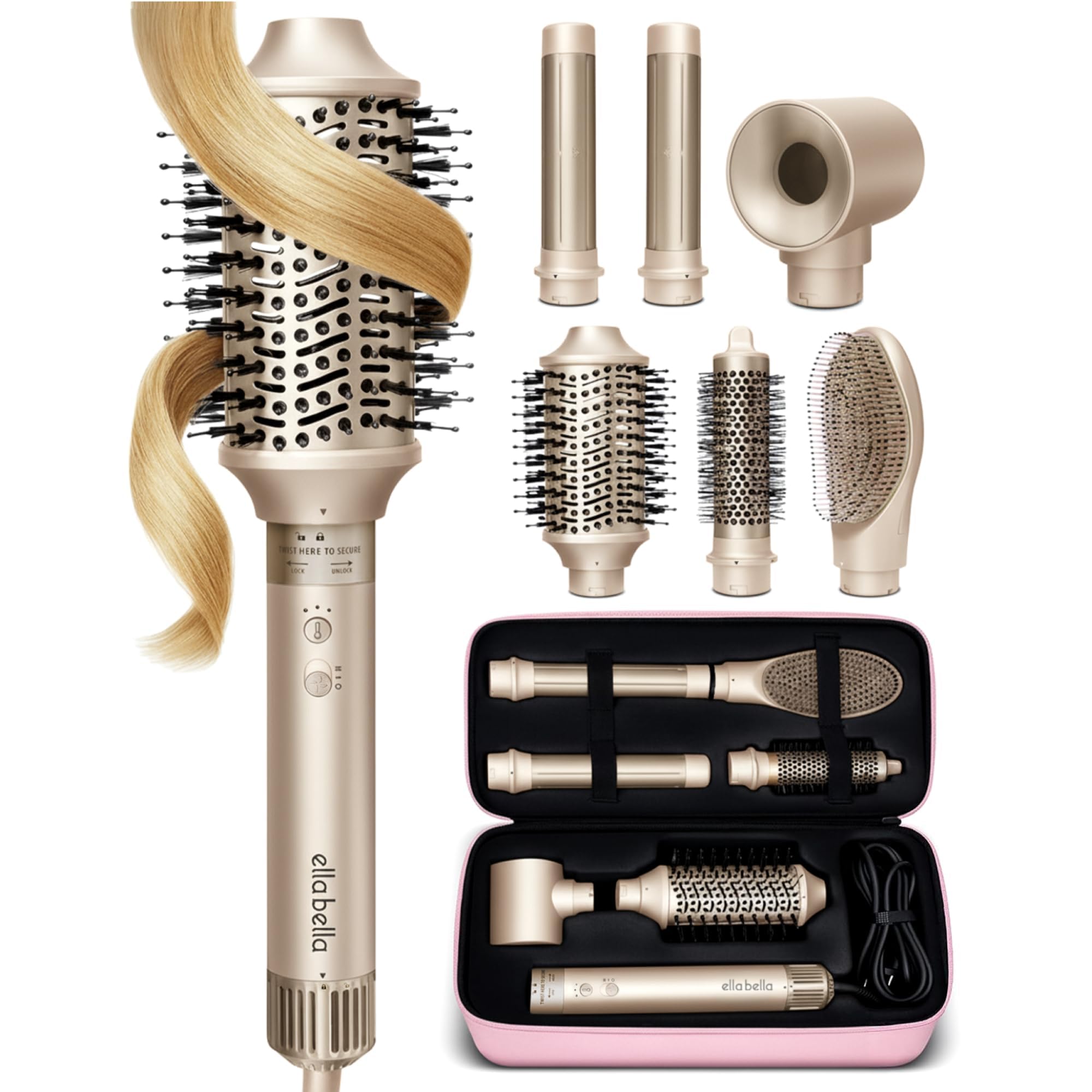 ELLA BELLA® 6 in 1 Professional Hot Air Styler • Powerful Hair Dryer & Straightener Set • Styling Without Heat Damage • Fast Drying Curling Volumizing Straightening • Includes Protective Travel Case