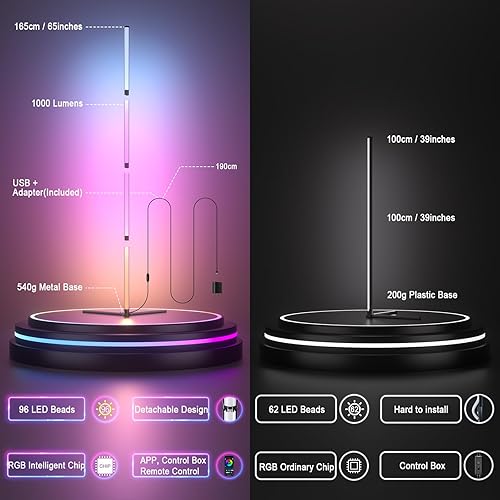 Miniatura 4 de Lámpara de pie LED inteligente lámpara de esquina RGB de 65 pulgadas, 16 millones de colores cambiantes, sincronización de música, modo DIY con