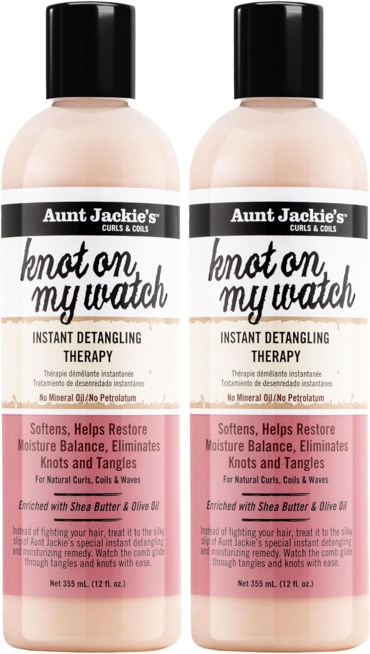 Aunt Jackie's Curls and Coils Knot On My Watch Instant Hair Detangling Therapy for Natural Curls, Coils and Waves, Enriched with Shea Butter, 12 oz (Pack of 2)