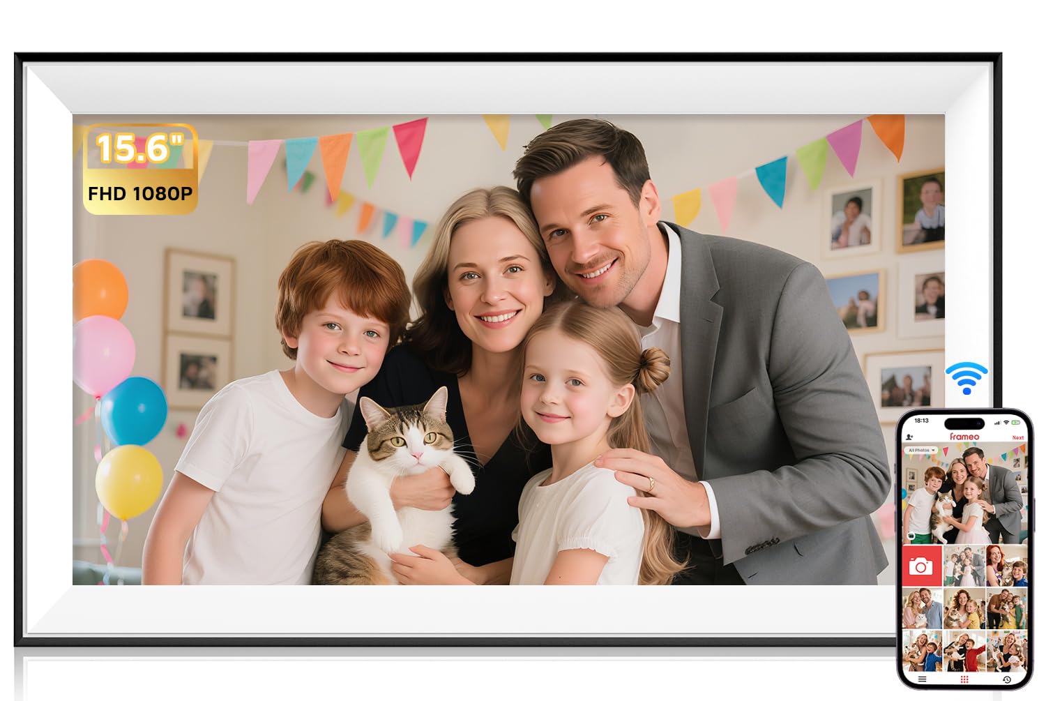 Cadre Photo Numérique Frameo - 15,6 Pouces - Écran Tactile IPS FHD 1920 X 1080 - 32 Go - Montage Sur Table Et Mural - Partage D'images Vidéo - Cadre Photo électrique - Cadeau Pour Maman - Grain De