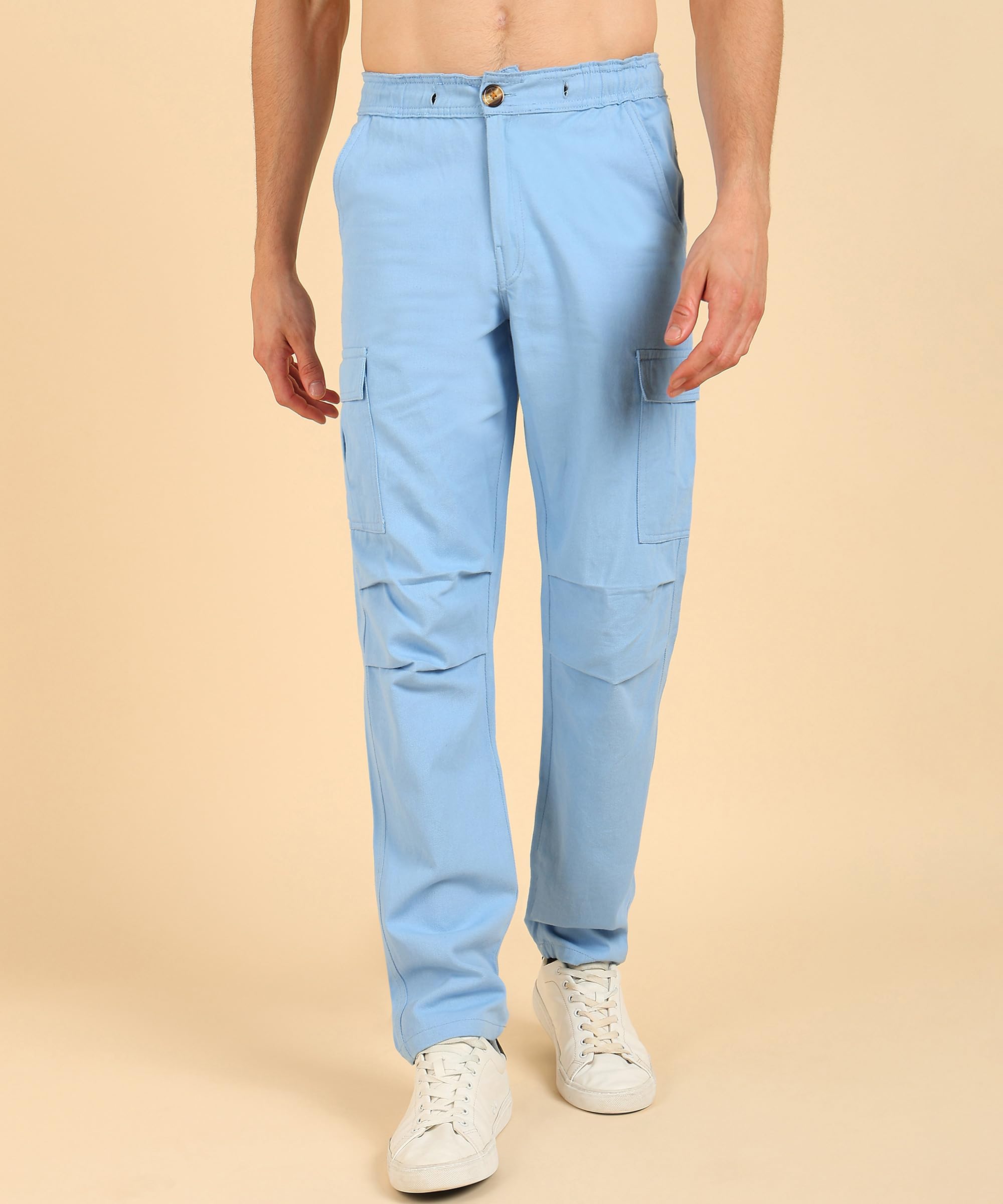 montrez Men Comfort Loose Fit High-Rise Cargos Trousers (Light Blue)-picture-3