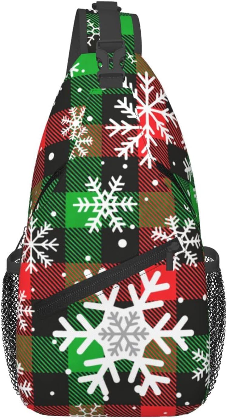 Christmas Crossbody Sling Bag For Women Men Adjustable Christmas Snowflakes With Buffalo Plaid Chest Bag Shoulder Bag Sling Backpack Merry Xmas Daypack