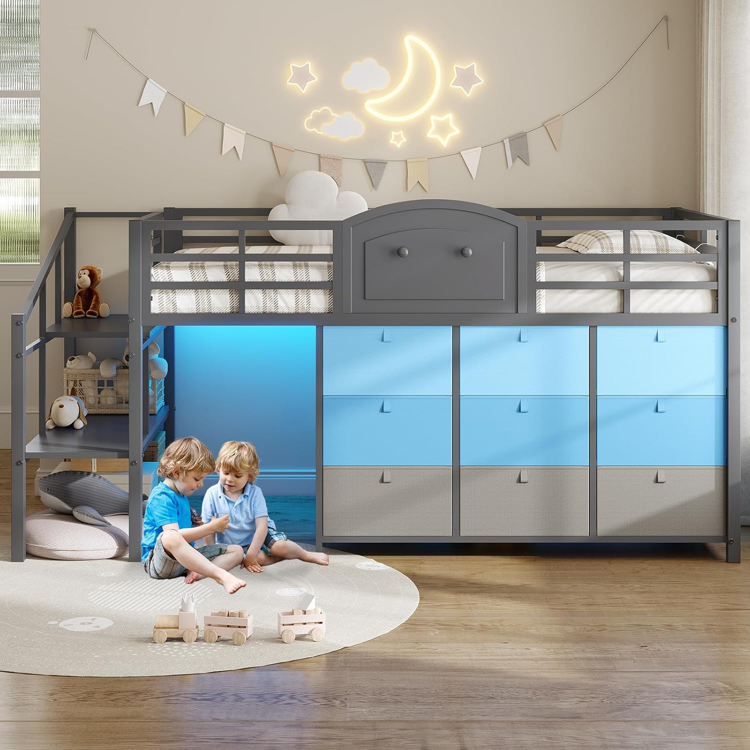 VIAGDO Low Loft Bed Twin Size with 9 Storage Drawers and LED Lights, Metal Twin Loft Bed with Stairway Shelf Storage, Low Loft Bed with Safety Guardrail and Under-Bed Hideaway for Kids, Grey