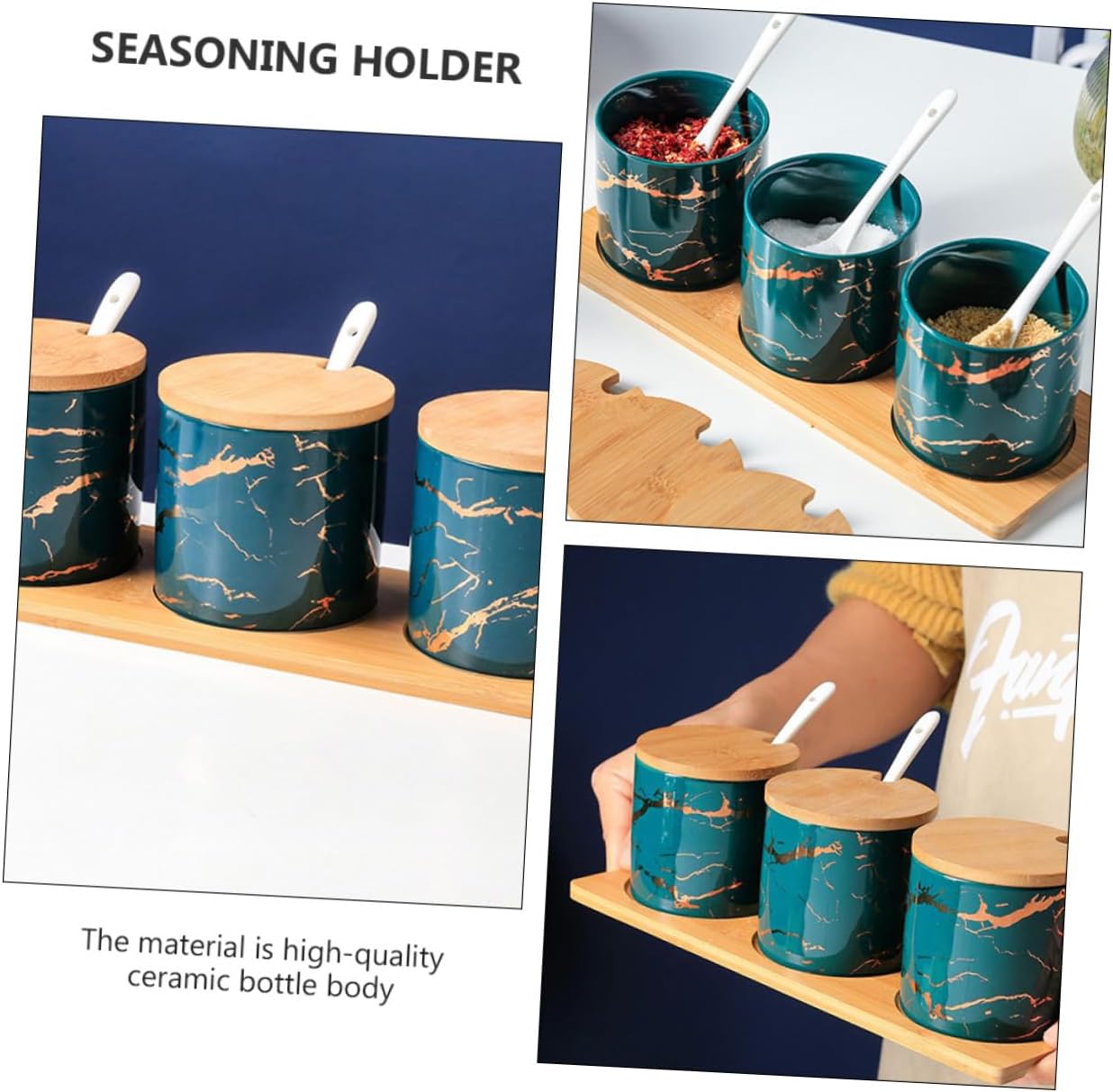 Mobestech 1 Set Emerald Ceramic Seasoning Container Spice Jars with Lids Spoons for Kitchen Dining and Restaurant Use for Storing Various Seasonings