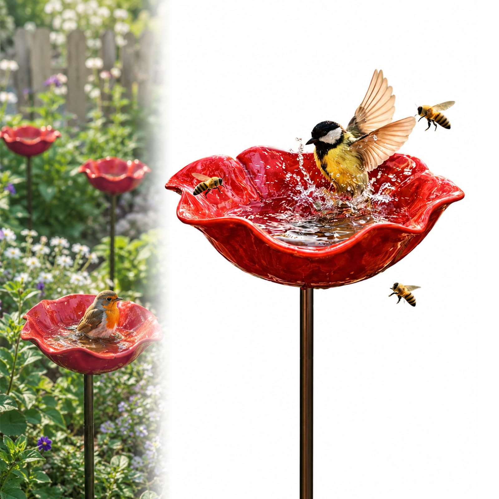 Red Floral Bird Bath with Stake, Flower Bird Feeder Stake, Handmade Metal Garden Stake, Outdoor Art Decor for Hummingbirds & Wild Birds