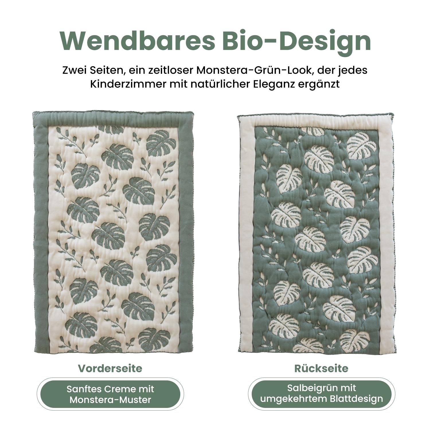 Monstera Wickelmatte 50 x 85 cm - OCS zertifizierte Bio-Baumwolle, gequiltete Wickelunterlage im Dschungel-Look (Grün/Beige) - Nahtlos, Wendbar, Reise-Wickelmatte | OCS zertifizierte Bio-Baumwolle, Gequiltet, Dschungel-Look, Nahtlos, Wendbar, Reise-Wickel