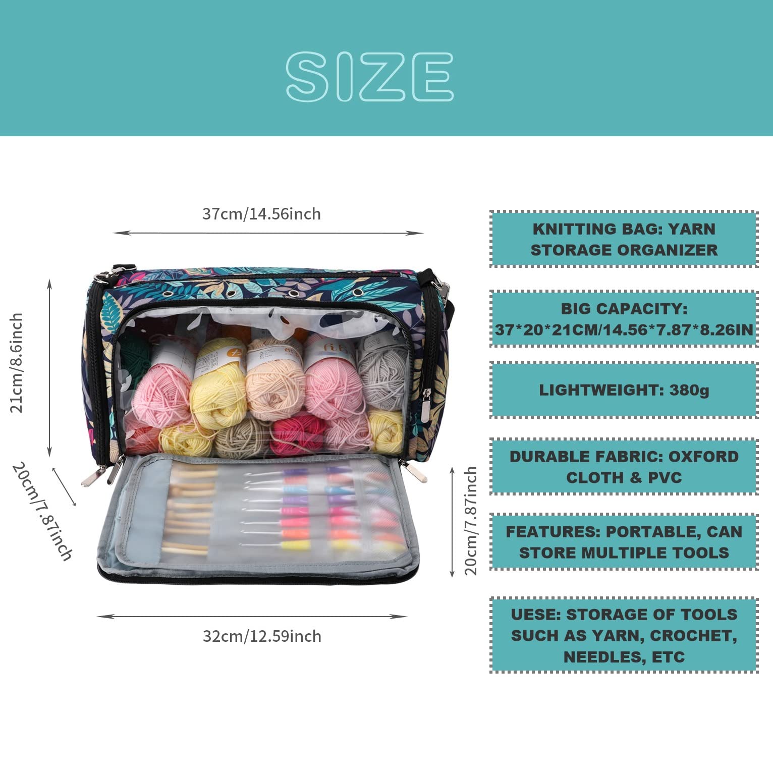 JOZEA Knitting Bag Yarn Bag for Crochet Yarn Tote Storage Organizer Portable Individual Compartments for Carrying Unfinished Project (Blue) - Image 3