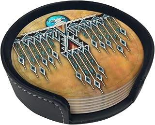 Native American Art Medicine Wheel Print Round PU Leather Coasters Set 6-Pack with Premium Storage Case