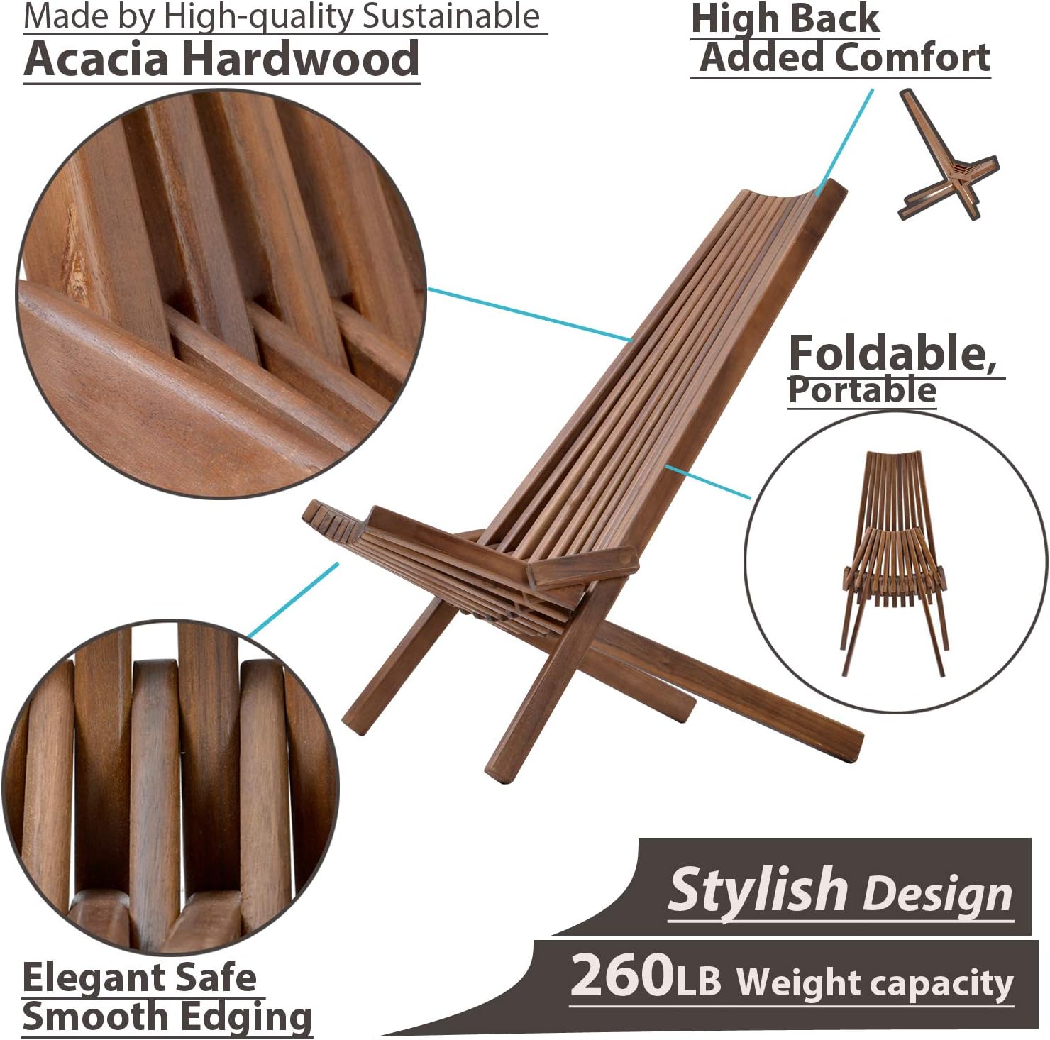 Wooden Patio Chairs Folding Garden Chairs Low Profile Acacia Solid Wood Outside Foldable Lounge Chair for Indoor Outdoor Handcrafted Patio Seating Fully Assembled Beach Yard Balcony Furnitur