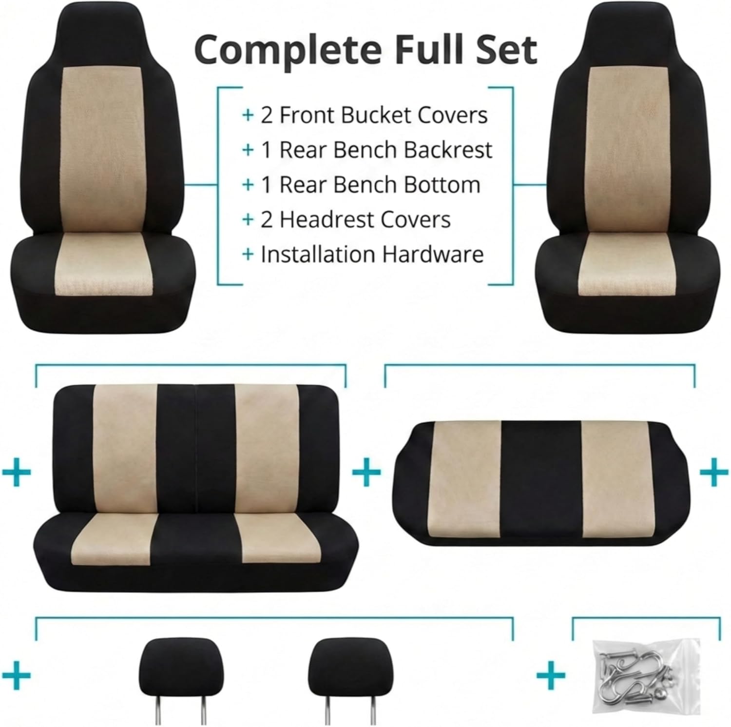 FH Group Universal Car Seat Covers Full Set for SUV Truck Sedan Vans Zipper Designed Built-in Seatbelt - Washable Cloth Seat Cover Set High Back Front & Solid Bench Protector Interior Upgrade - Beige