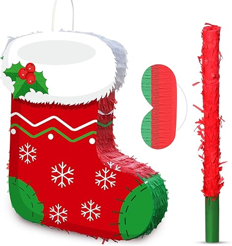 Piñata de Calcetín de Navidad de 16 Pulgadas, Piñata Mexicana de Navidad con Palo, Paquete con Venda para los Ojos, Bundle de Navidad para