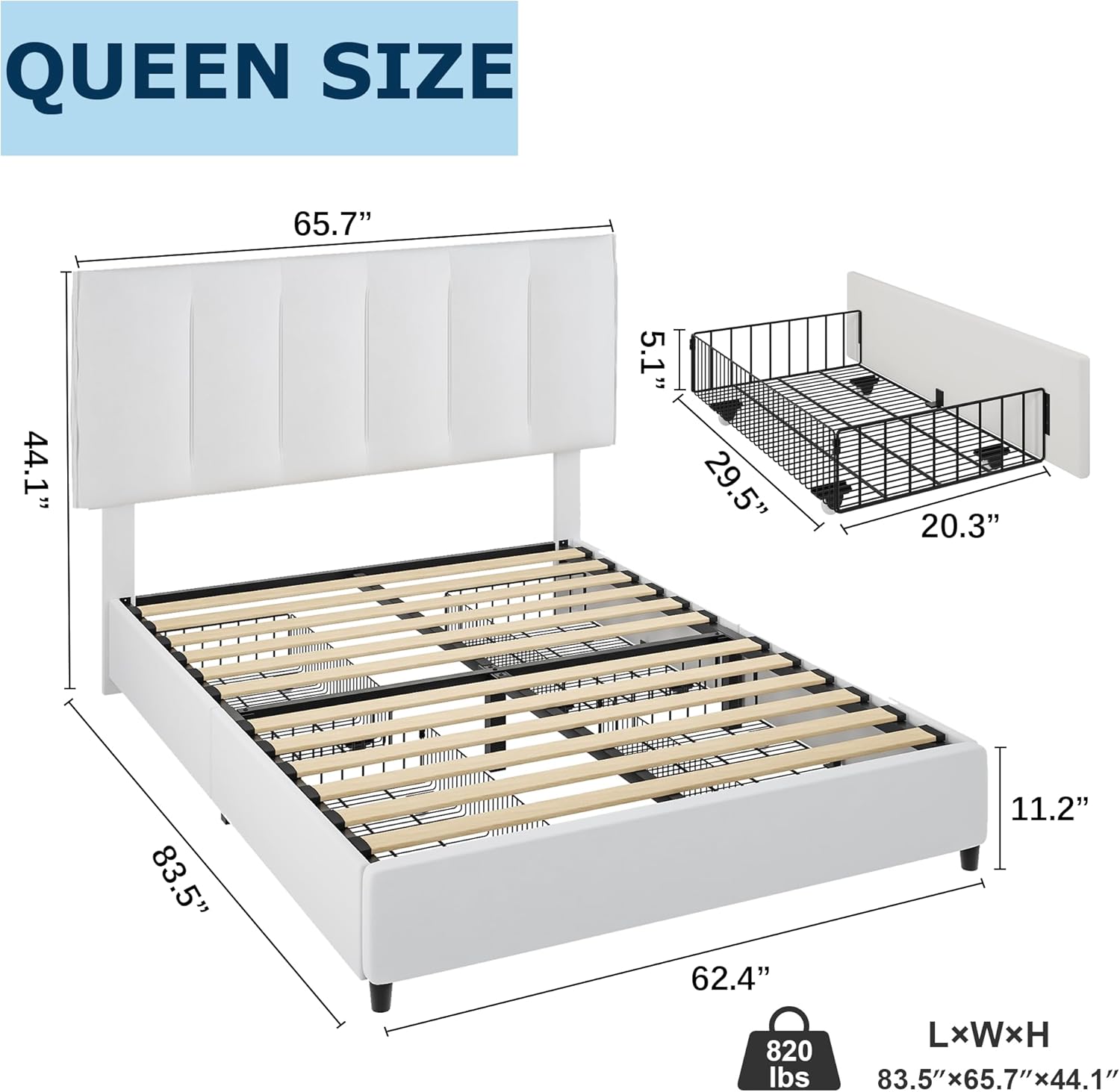 VECELO Queen Size Bed Frame with 4 Storage Drawers, Adjustable Height Headboard, Heavy-Duty Platform Bedframe with Strong Wooden Slats, No Box Spring Needed, Pure White Pure White Queen Bed Frame With Drawers