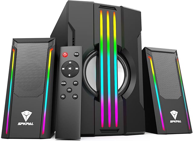 SPKPAL Bluetooth 2.1 Computer Speaker with Subwoofer, Multimedia Gaming Speaker System, AC Operated and Dynamic 3.5 mm RGB Light, Perfect for PC,TV, Party, Laptop, 21W